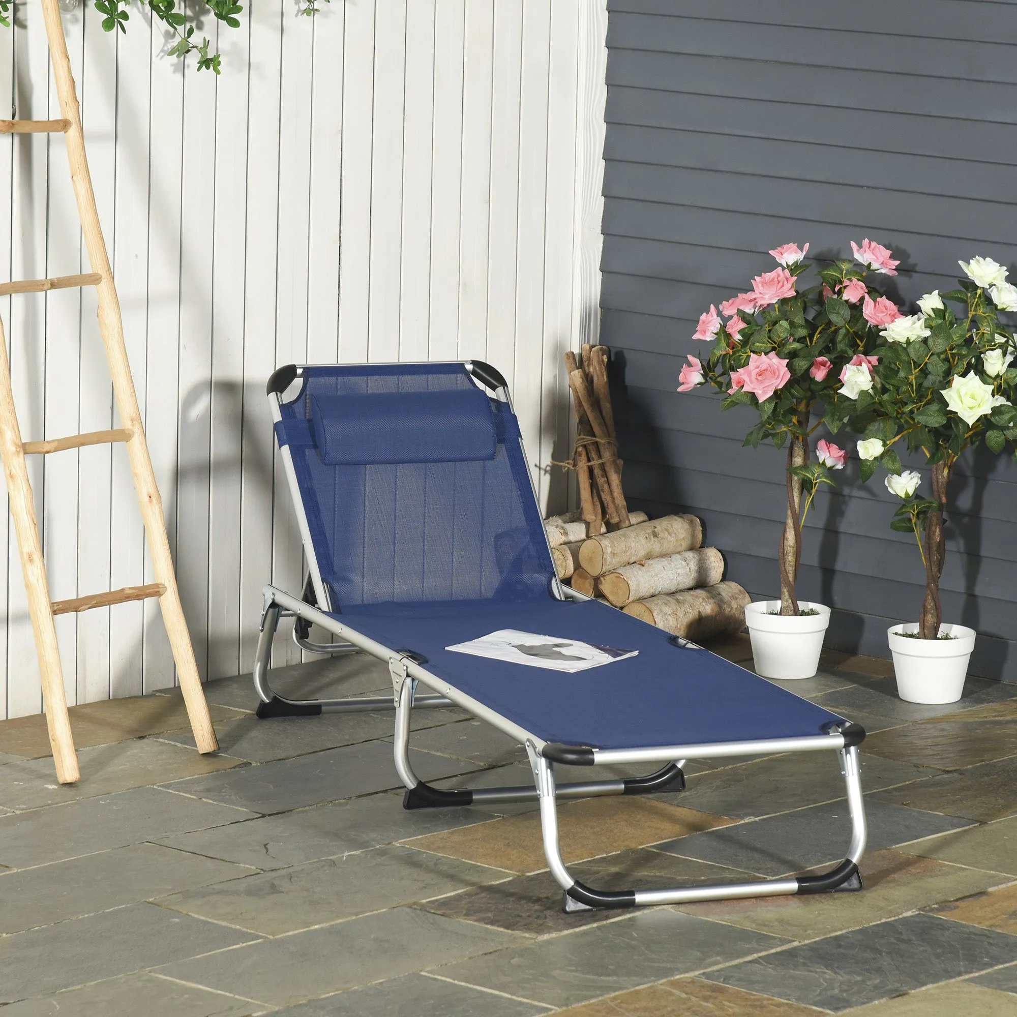 Outsunny Folding Garden Lounger with Adjustable Headrest and Backrest, Blue - Image 2