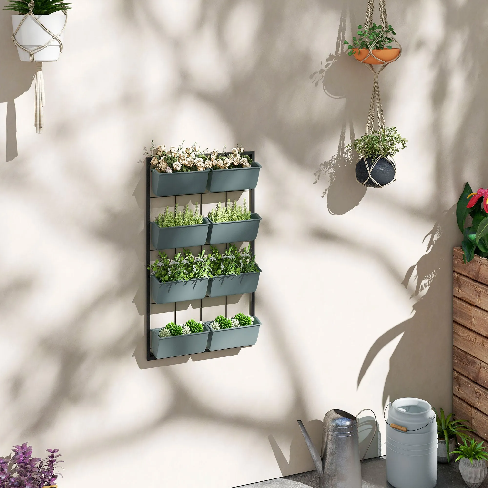 Outsunny 4-Tier Wall-Mounted Vertical Vegetable Garden with 8 Pots, Steel and Plastic, 52x14x90 cm, Dark Green and Black - Image 2