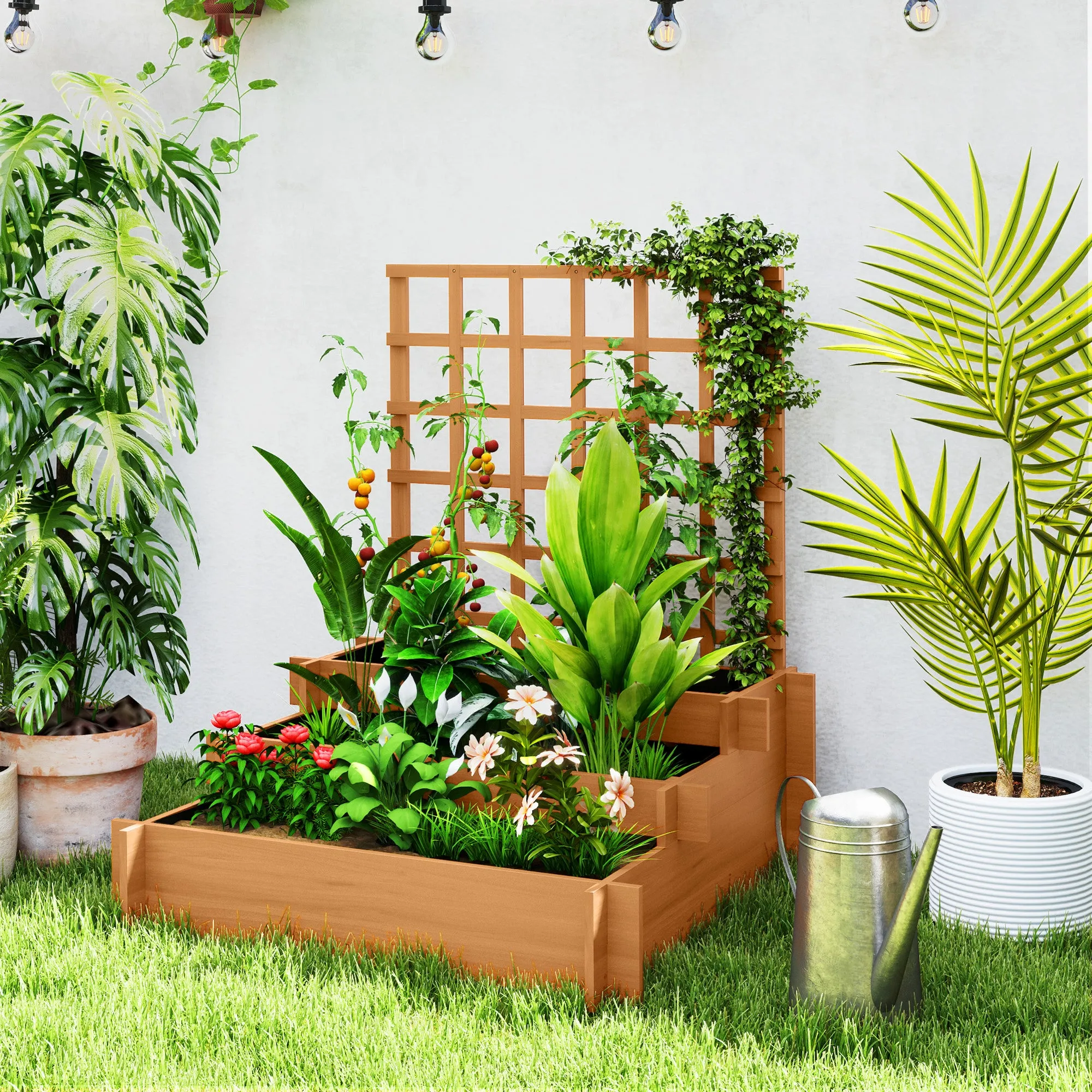 Outsunny 3-Tier Fir Wood and Non-Woven Fabric Planter with Trellis, 95x95x110 cm, Brown - Image 2