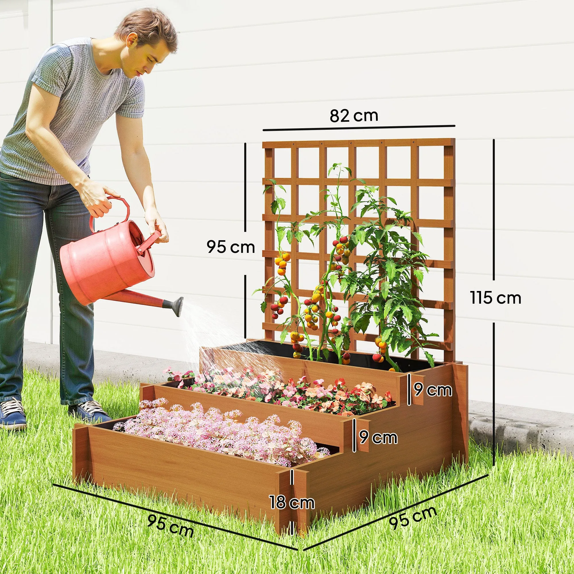 Outsunny 3-Tier Fir Wood and Non-Woven Fabric Planter with Trellis, 95x95x110 cm, Brown - Image 3