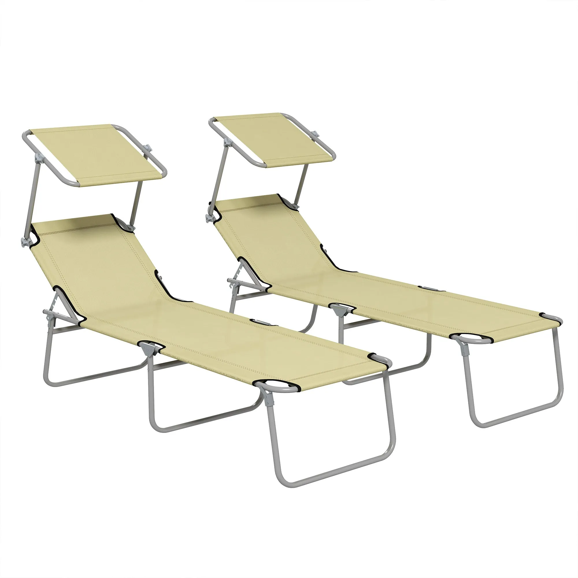 Outsunny Set of 2 Folding Garden Loungers with Adjustable Backrest and Canopy, 187x58x36 cm, Beige