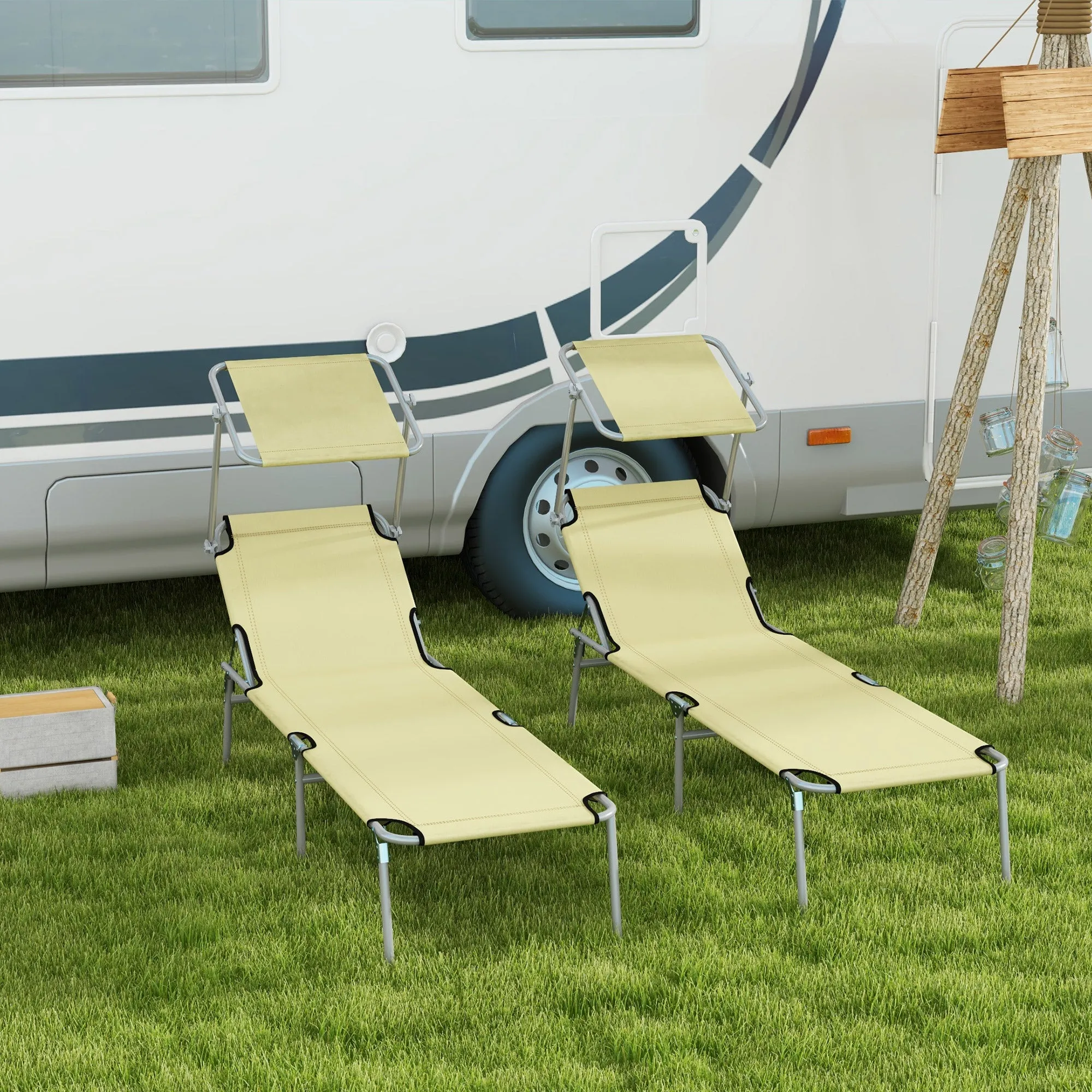 Outsunny Set of 2 Folding Garden Loungers with Adjustable Backrest and Canopy, 187x58x36 cm, Beige - Image 2