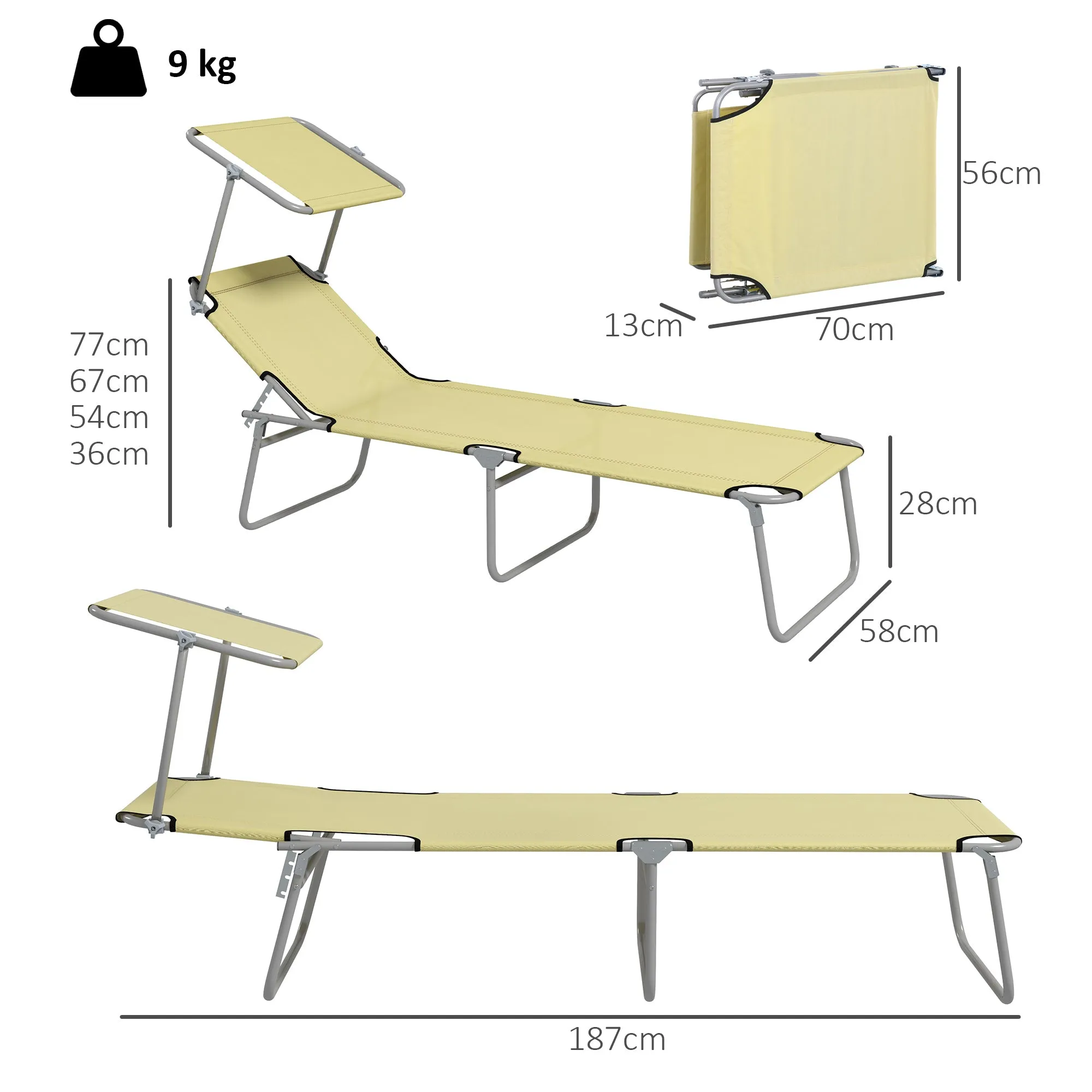 Outsunny Set of 2 Folding Garden Loungers with Adjustable Backrest and Canopy, 187x58x36 cm, Beige - Image 3