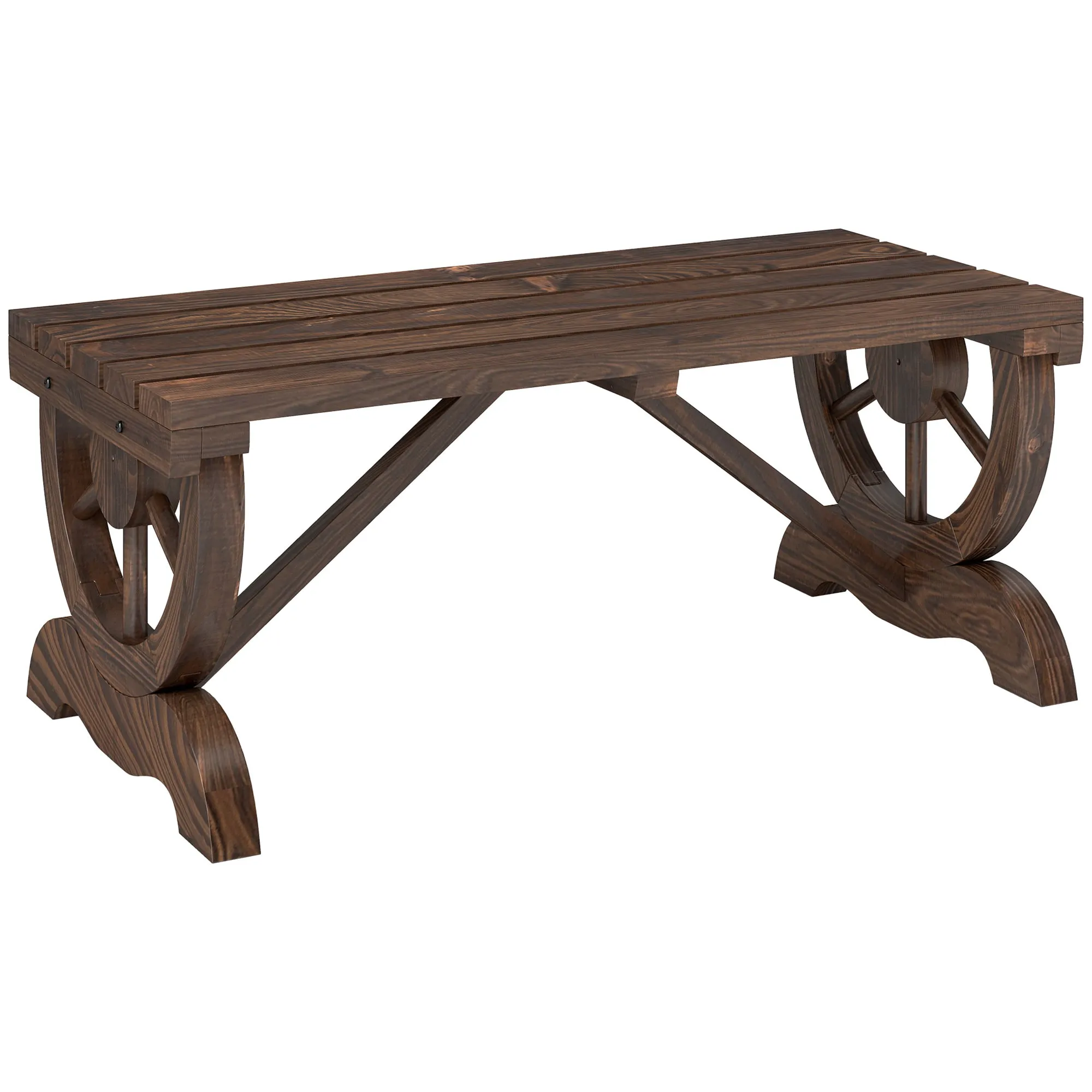 Outsunny 2-Seater Garden Bench with Wheel Design, Outdoor Slatted Fir Wood Bench, Patio and Backyard Terrace Bench, 98x50x39.5 cm, Brown