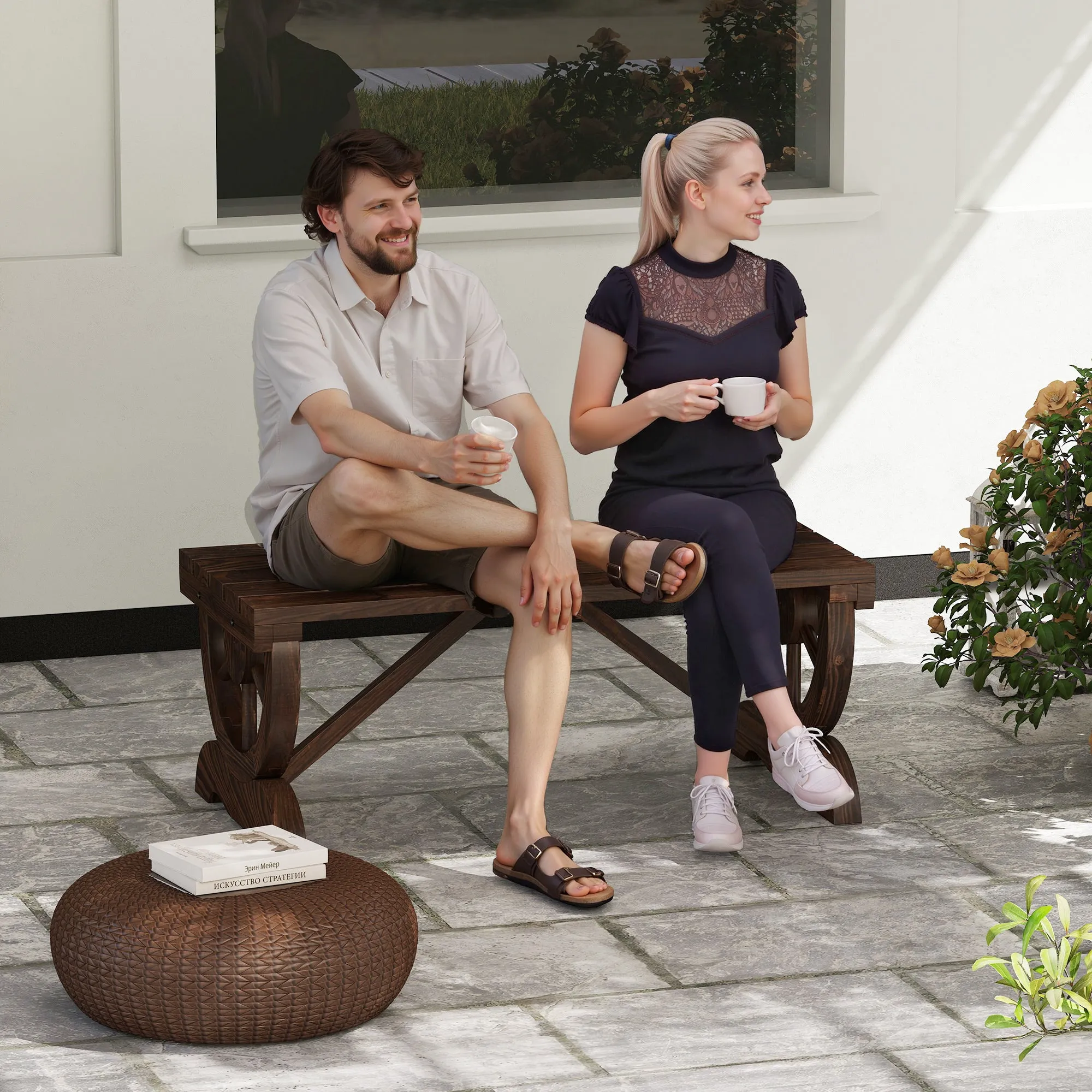 Outsunny 2-Seater Garden Bench with Wheel Design, Outdoor Slatted Fir Wood Bench, Patio and Backyard Terrace Bench, 98x50x39.5 cm, Brown - Image 2