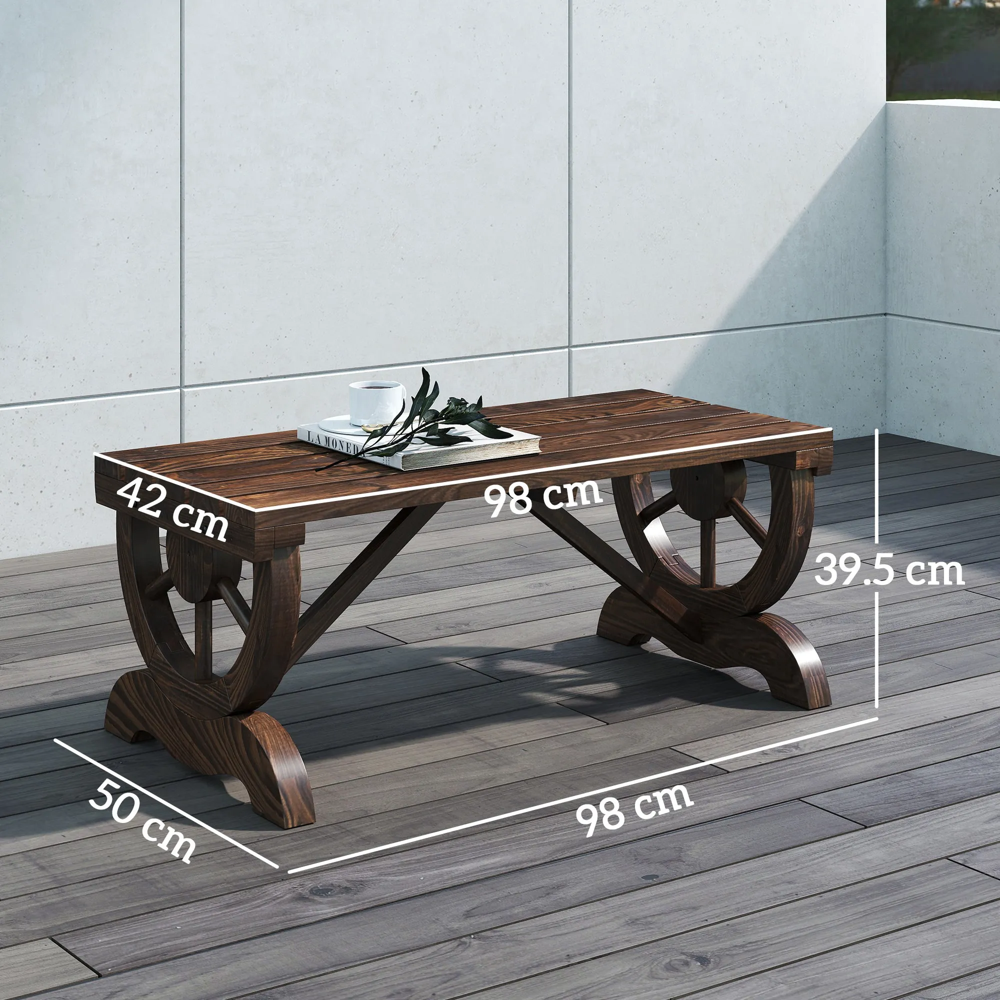 Outsunny 2-Seater Garden Bench with Wheel Design, Outdoor Slatted Fir Wood Bench, Patio and Backyard Terrace Bench, 98x50x39.5 cm, Brown - Image 3