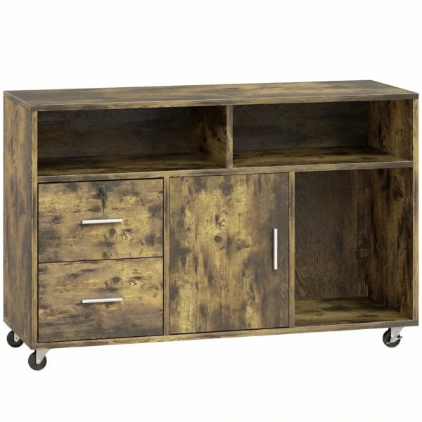 Wooden Printer Stand with Wheels, 2 Drawers, 3 Shelves, and 2 Cabinets, 100x35x65 cm, Brown