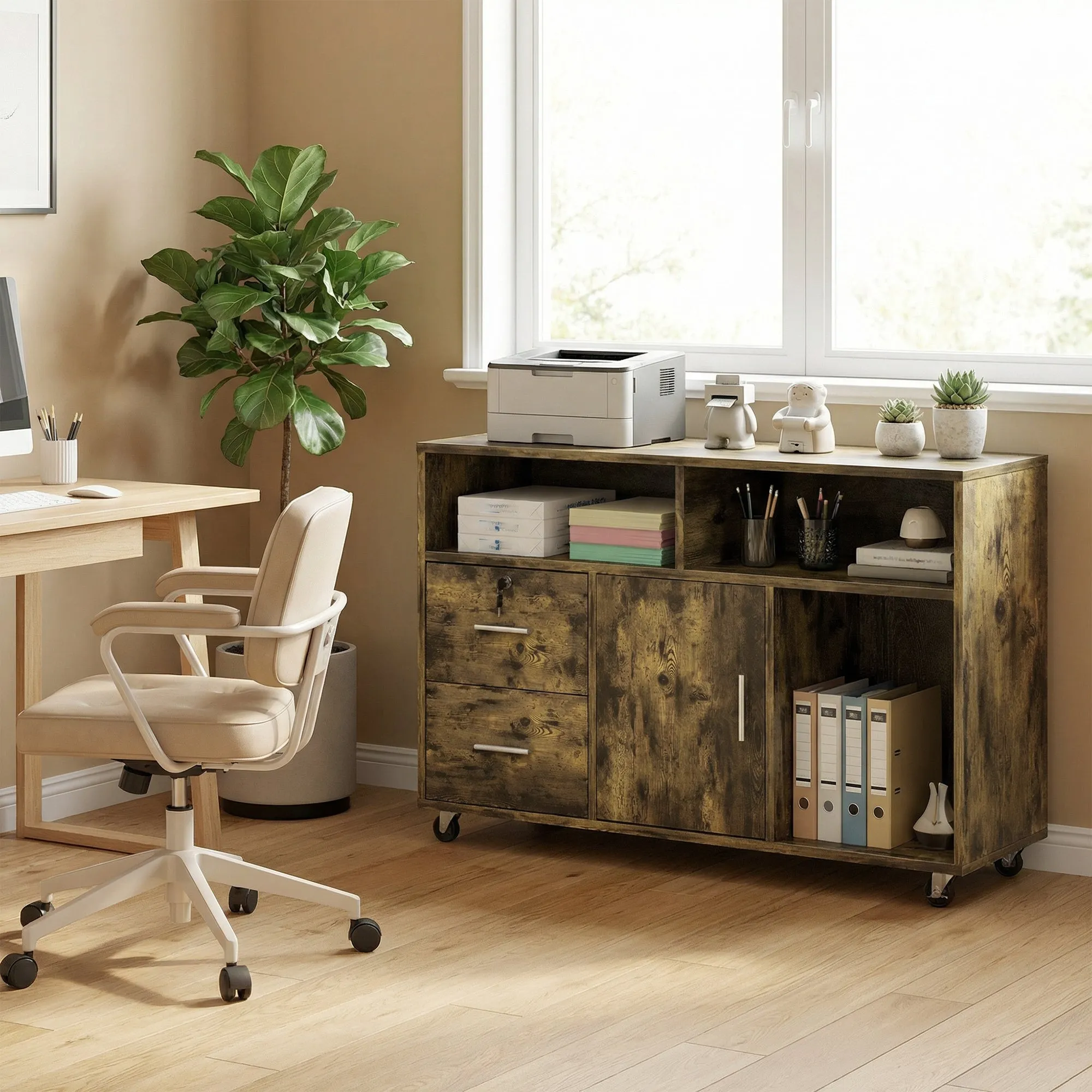 Wooden Printer Stand with Wheels, 2 Drawers, 3 Shelves, and 2 Cabinets, 100x35x65 cm, Brown - Image 2