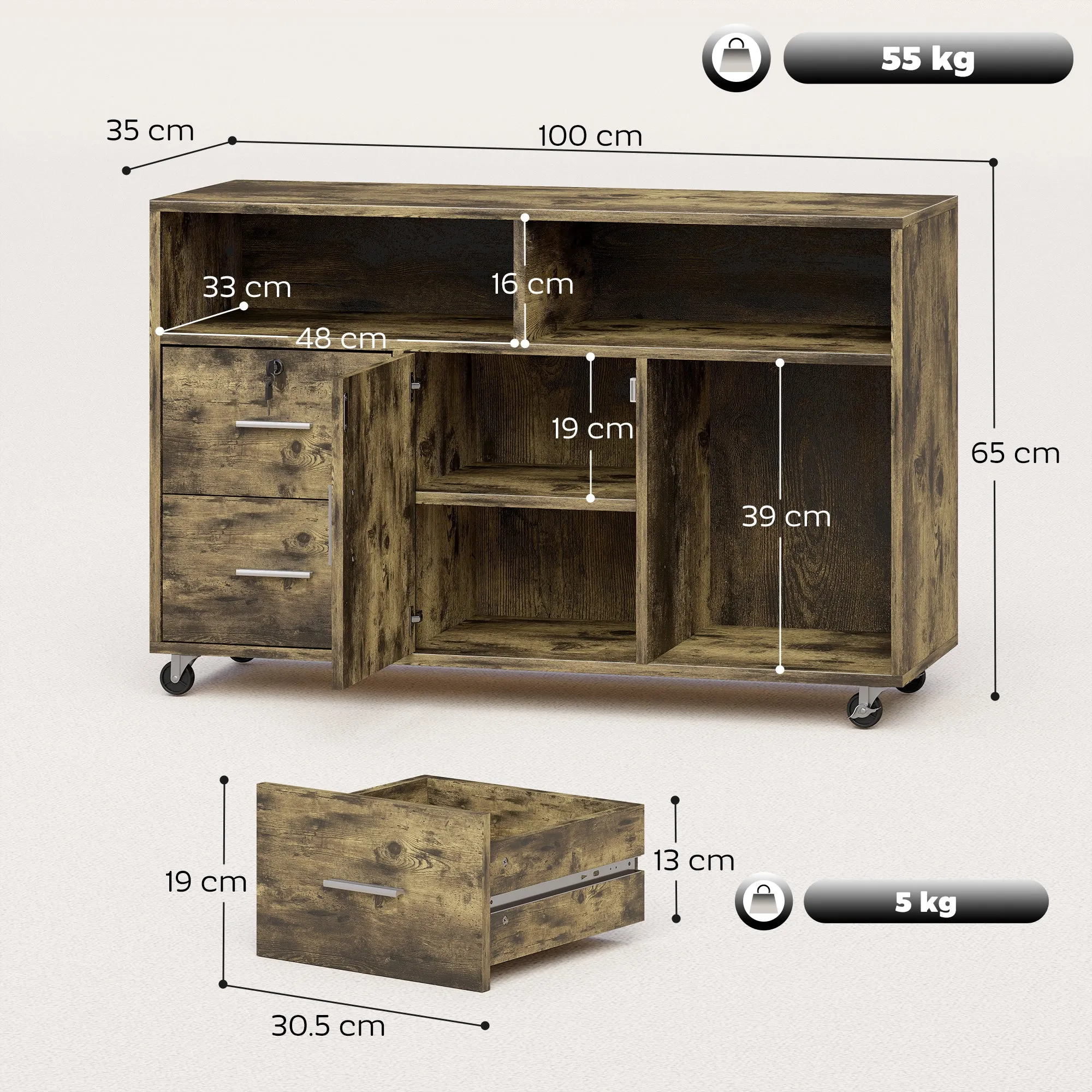 Wooden Printer Stand with Wheels, 2 Drawers, 3 Shelves, and 2 Cabinets, 100x35x65 cm, Brown - Image 3