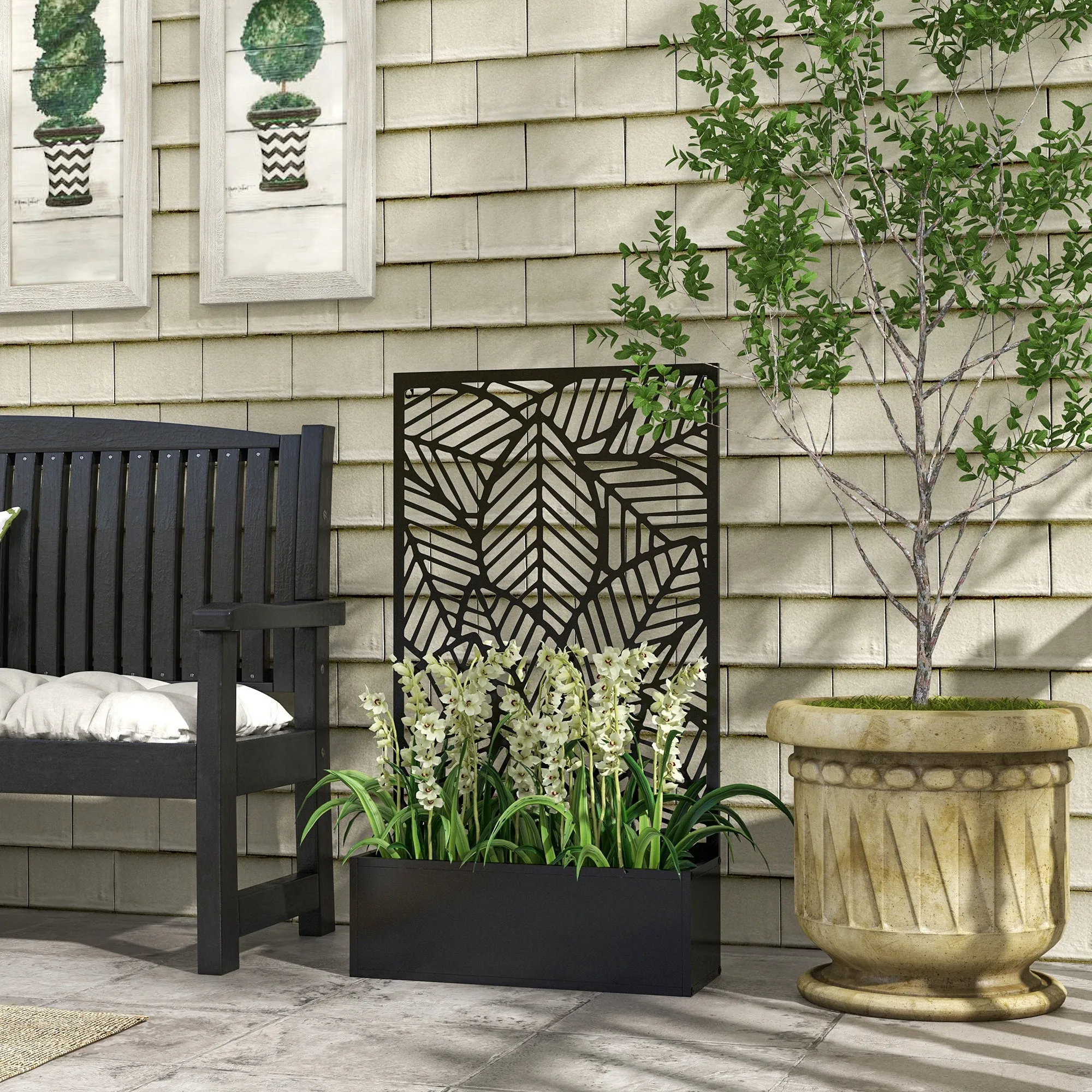 Outsunny Raised Planter with Decorative Trellis for Climbing Plants on the Ground and Wall in Metal, 61x23x113 cm, Black - Image 2