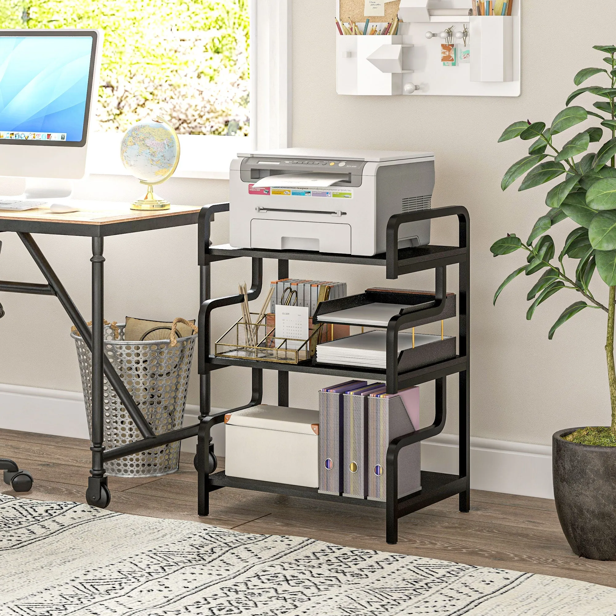 HOMCOM 3-Tier Industrial Printer Stand, Metal and Chipboard, 55x40x77 cm, Black - Image 2