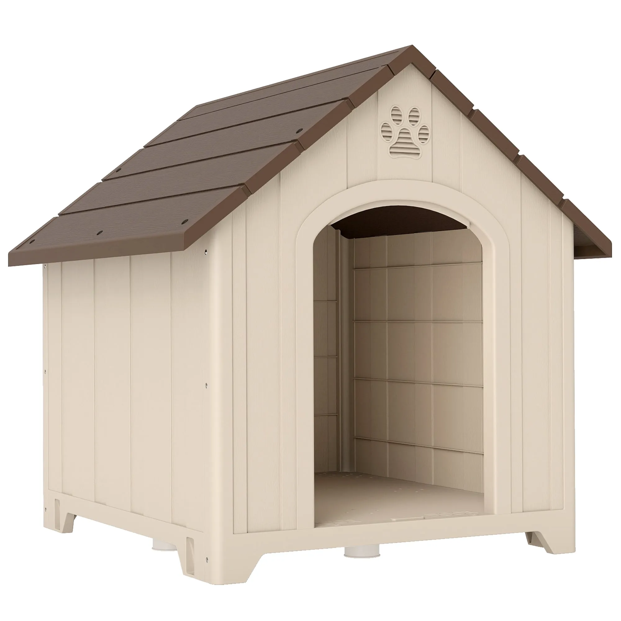 PawHut Raised Dog Kennel with Sloped Roof and Air Vents, PP, 88x78x89 cm, Beige and Dark Brown
