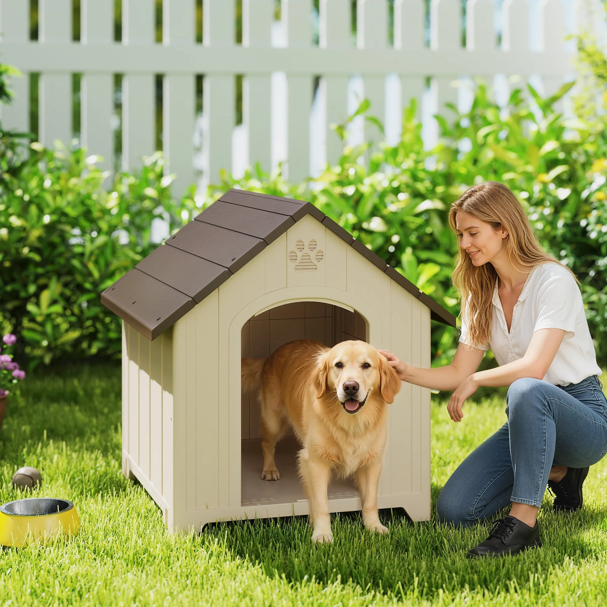 PawHut Raised Dog Kennel with Sloped Roof and Air Vents, PP, 88x78x89 cm, Beige and Dark Brown - Image 2