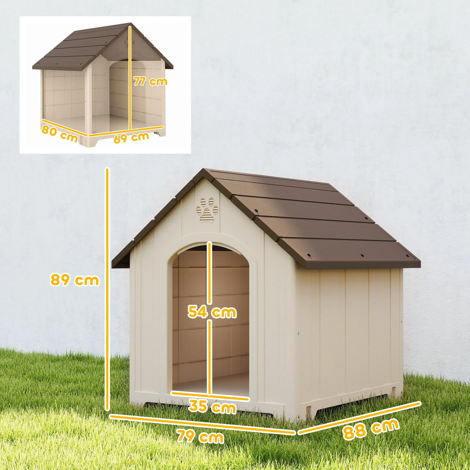 PawHut Raised Dog Kennel with Sloped Roof and Air Vents, PP, 88x78x89 cm, Beige and Dark Brown - Image 3