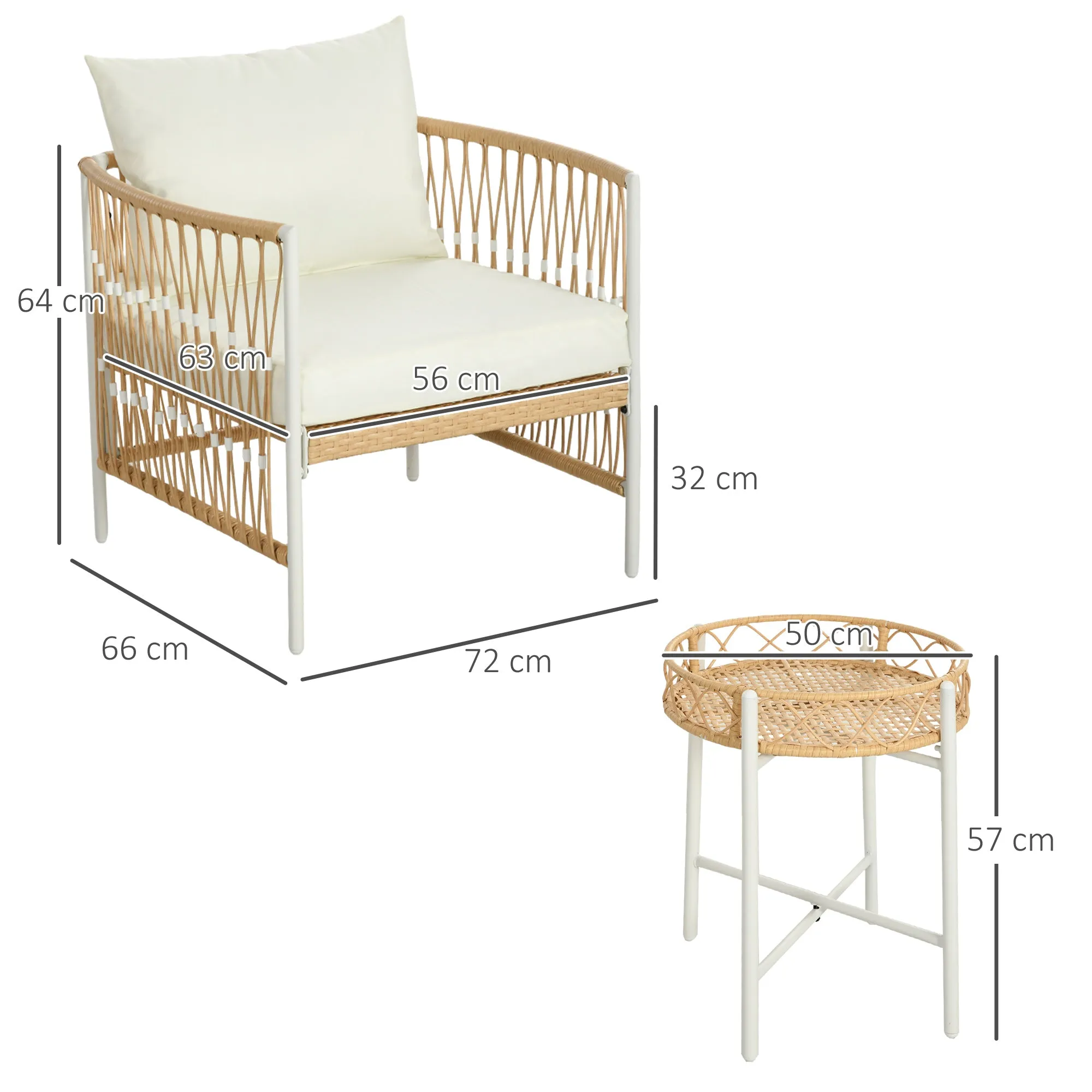 Outsunny Boho Rattan Garden Set with 2 Chairs with Cushions and Round Coffee Table, Yellow - Image 3