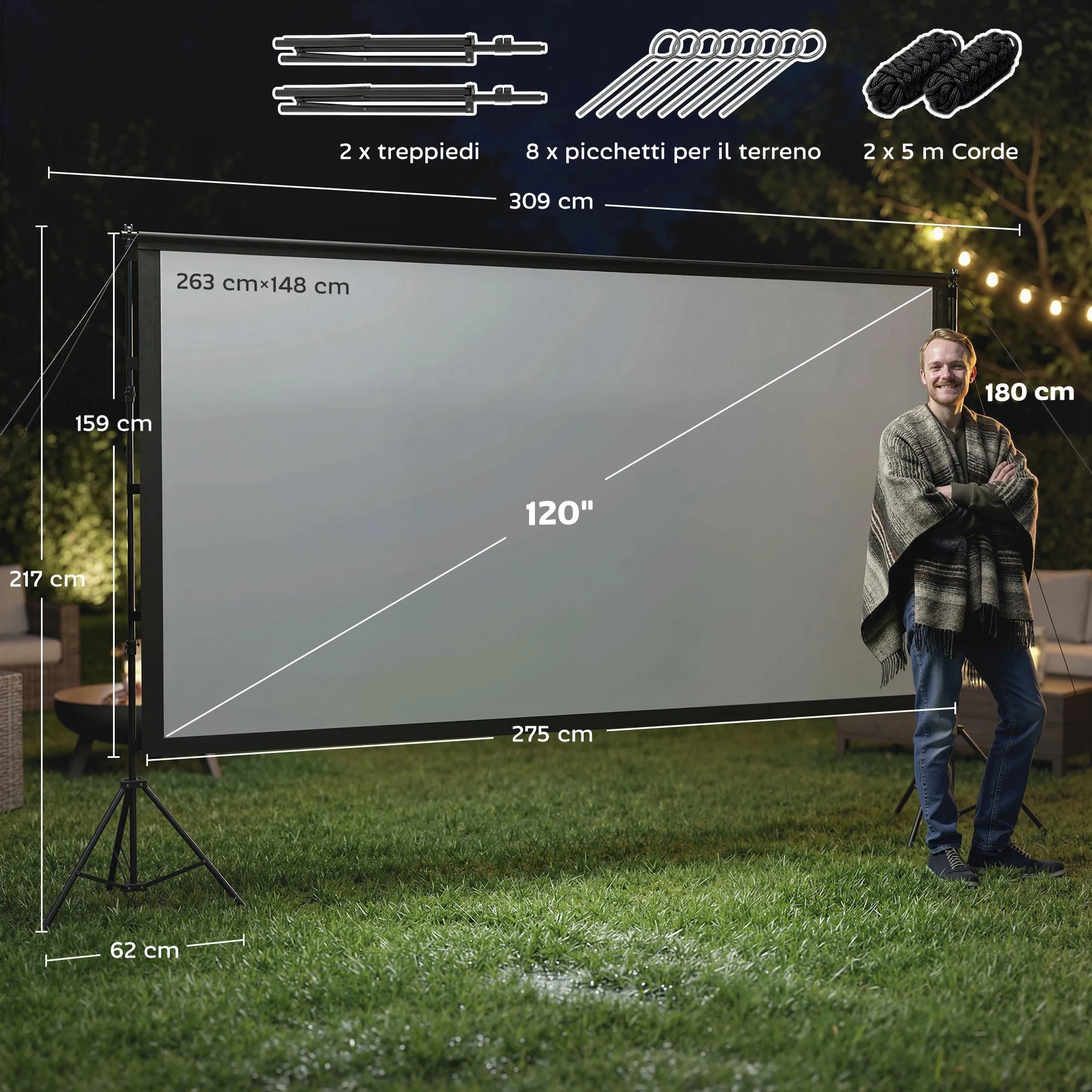 HOMCOM 120" 16:9 HD 4K/8K Projector Screen, 160° Viewing Angle, Double-Sided and Foldable Tripod, White - Image 3