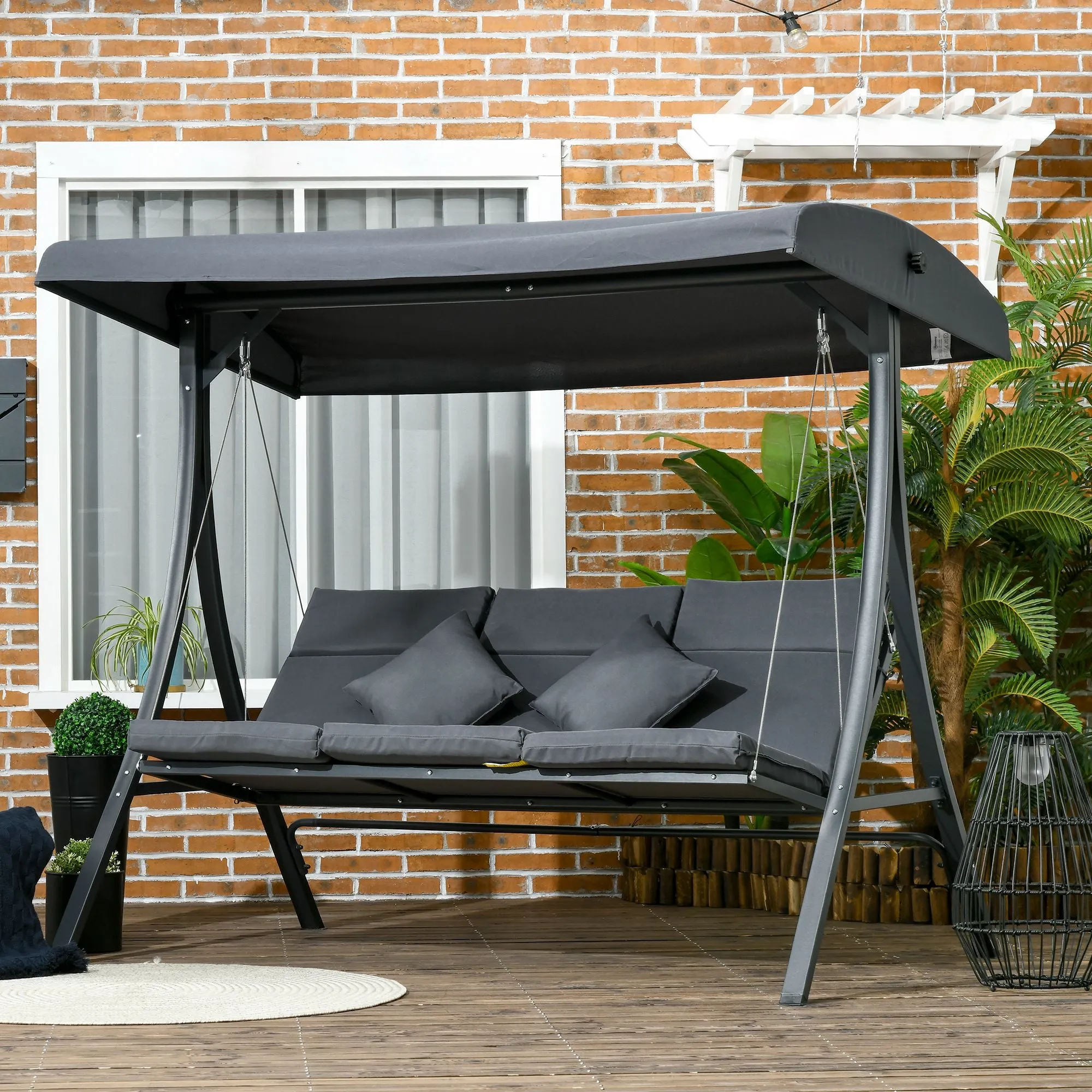 Outsunny 3-Seater Garden Swing with Adjustable Canopy, Steel and Polyester, 202x115x168 cm, Dark Grey - Image 2