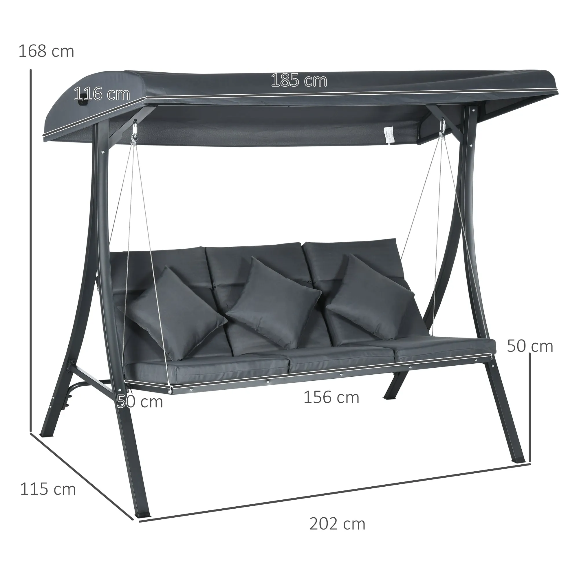 Outsunny 3-Seater Garden Swing with Adjustable Canopy, Steel and Polyester, 202x115x168 cm, Dark Grey - Image 3