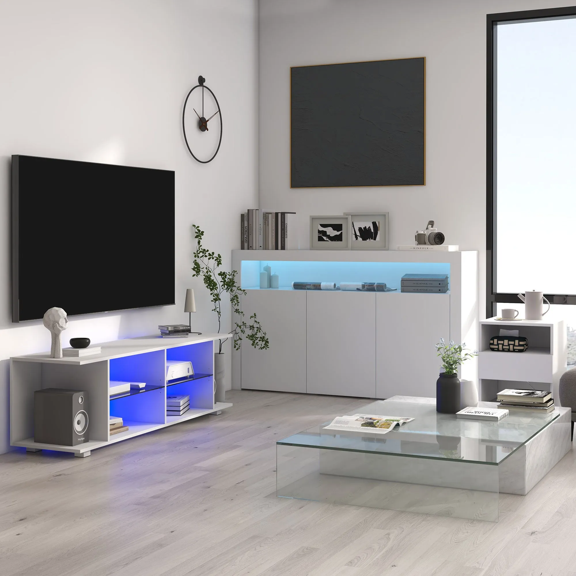 HOMCOM Modern 3-Door Sideboard with Colorful LED Lights and Remote Control, Wooden, 155x40x92cm - White - Image 2