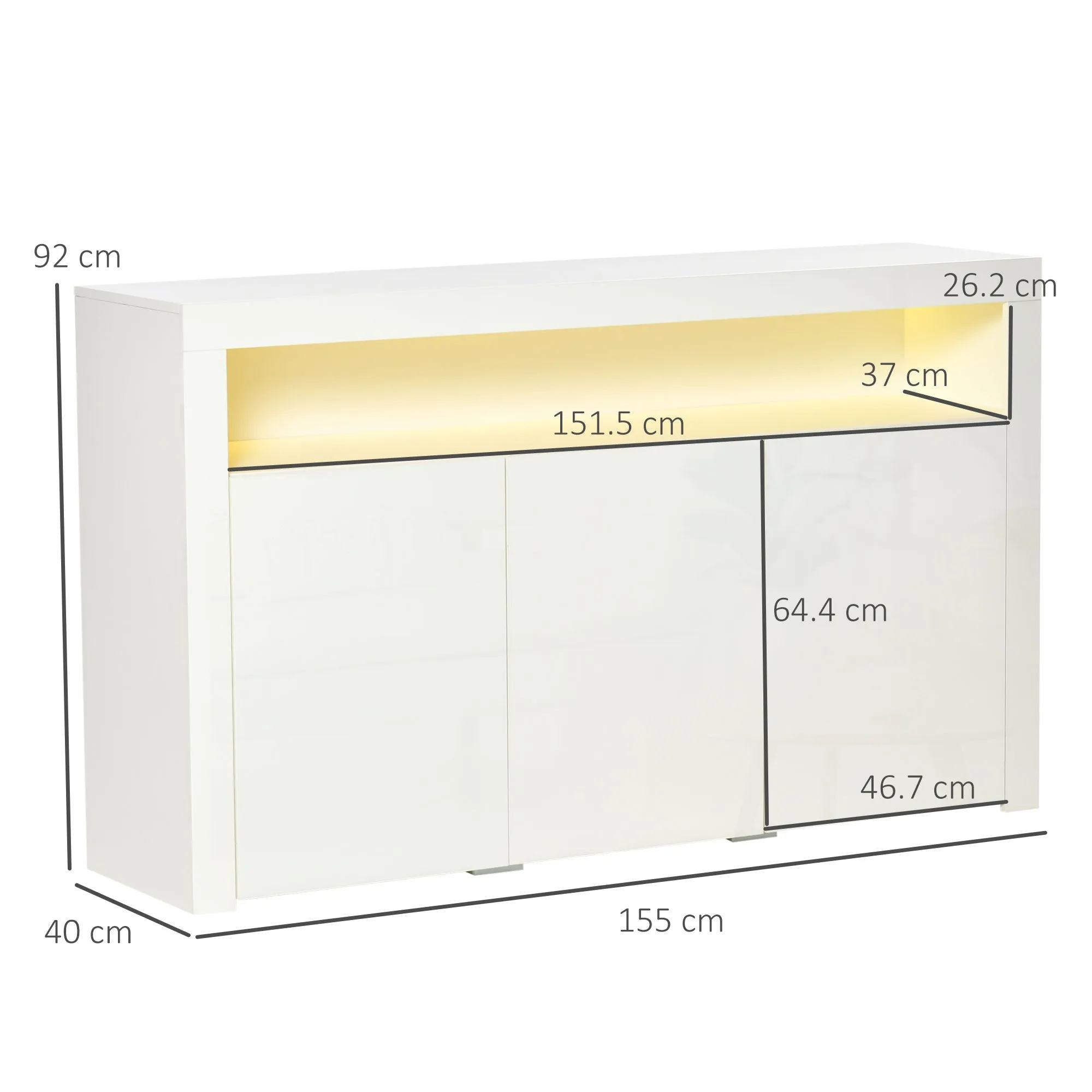 HOMCOM Modern 3-Door Sideboard with Colorful LED Lights and Remote Control, Wooden, 155x40x92cm - White - Image 3