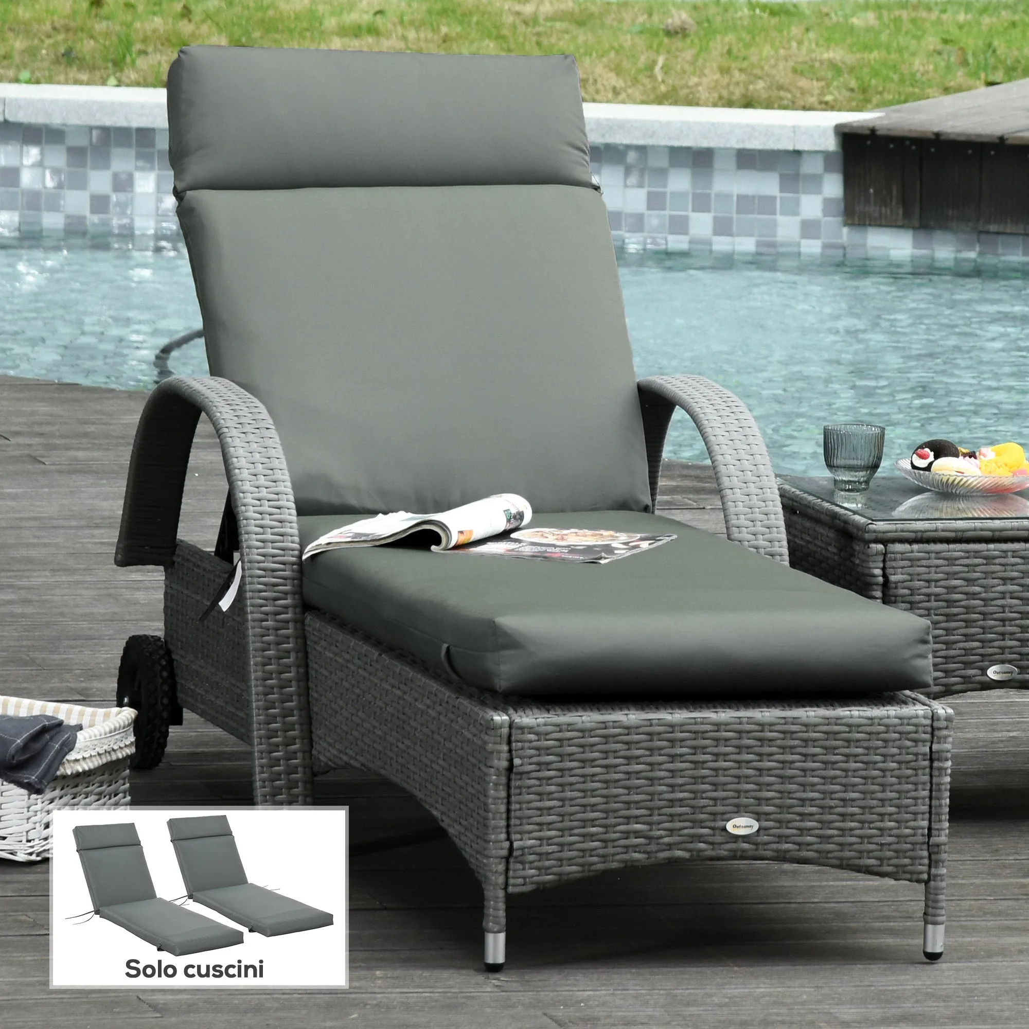 Outsunny Set of 2 Outdoor Lounger Cushions Padded in Cotton with Straps, 196x55x8 cm, Dark Grey - Image 2
