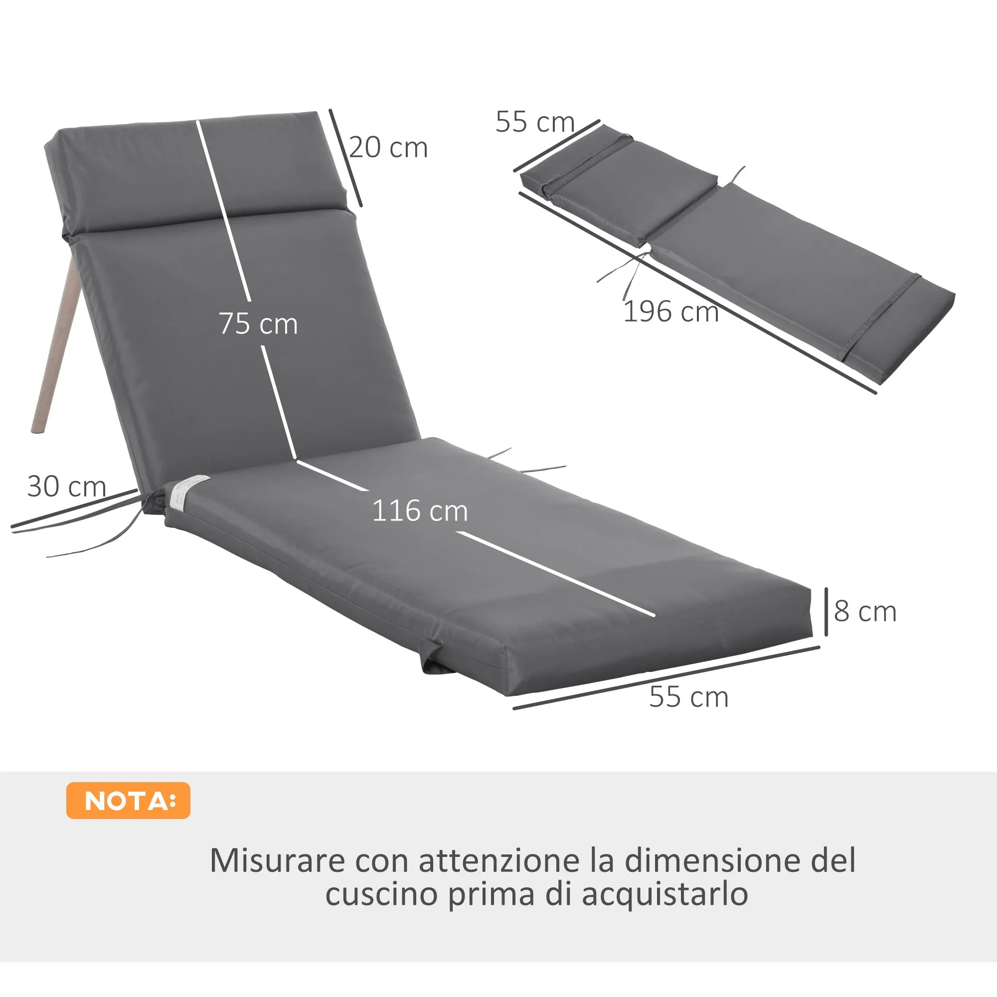 Outsunny Set of 2 Outdoor Lounger Cushions Padded in Cotton with Straps, 196x55x8 cm, Dark Grey - Image 3