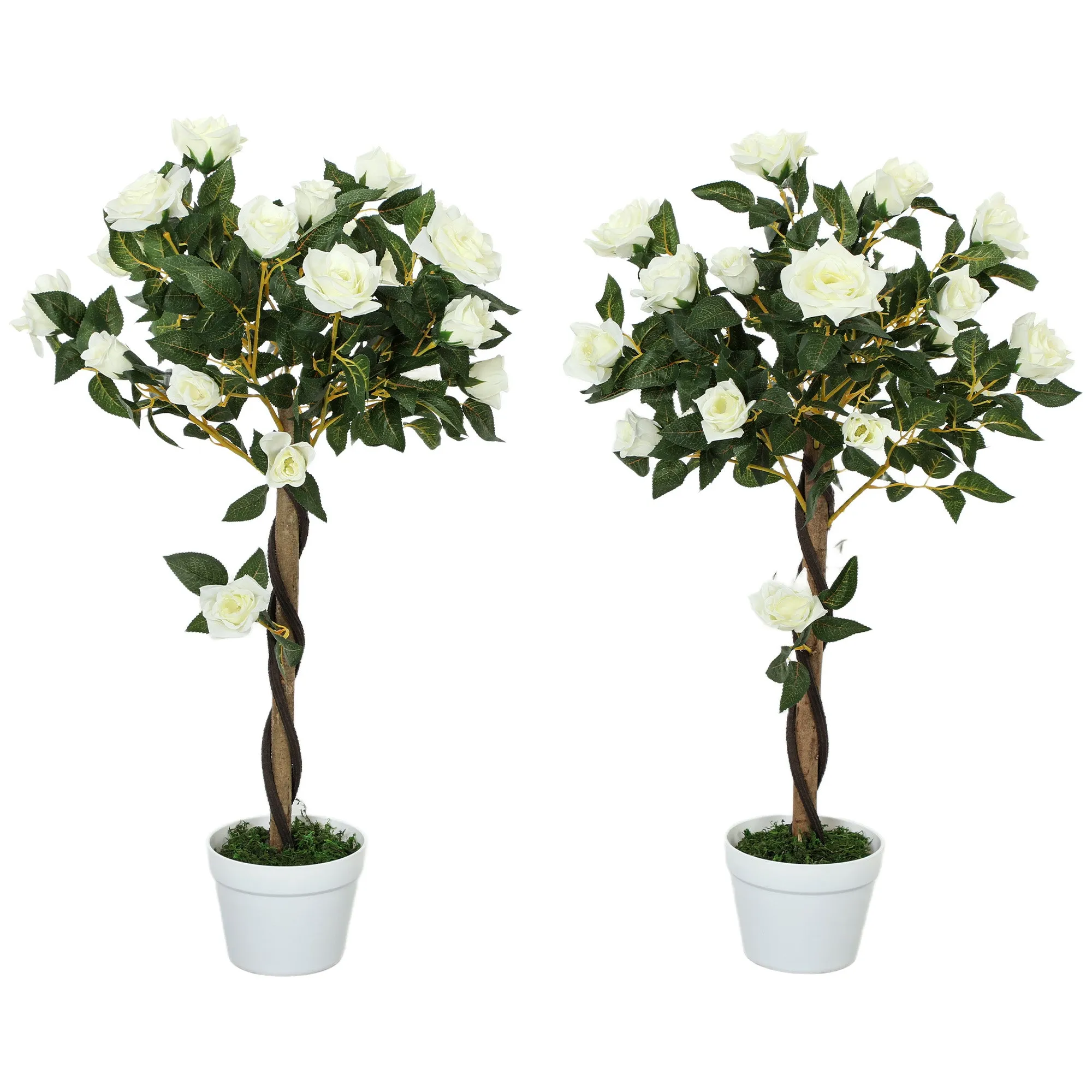 Outsunny 21-Flower Fake Rose Plant with Cement and Moss-Filled Pot, Ø18x90 cm, White