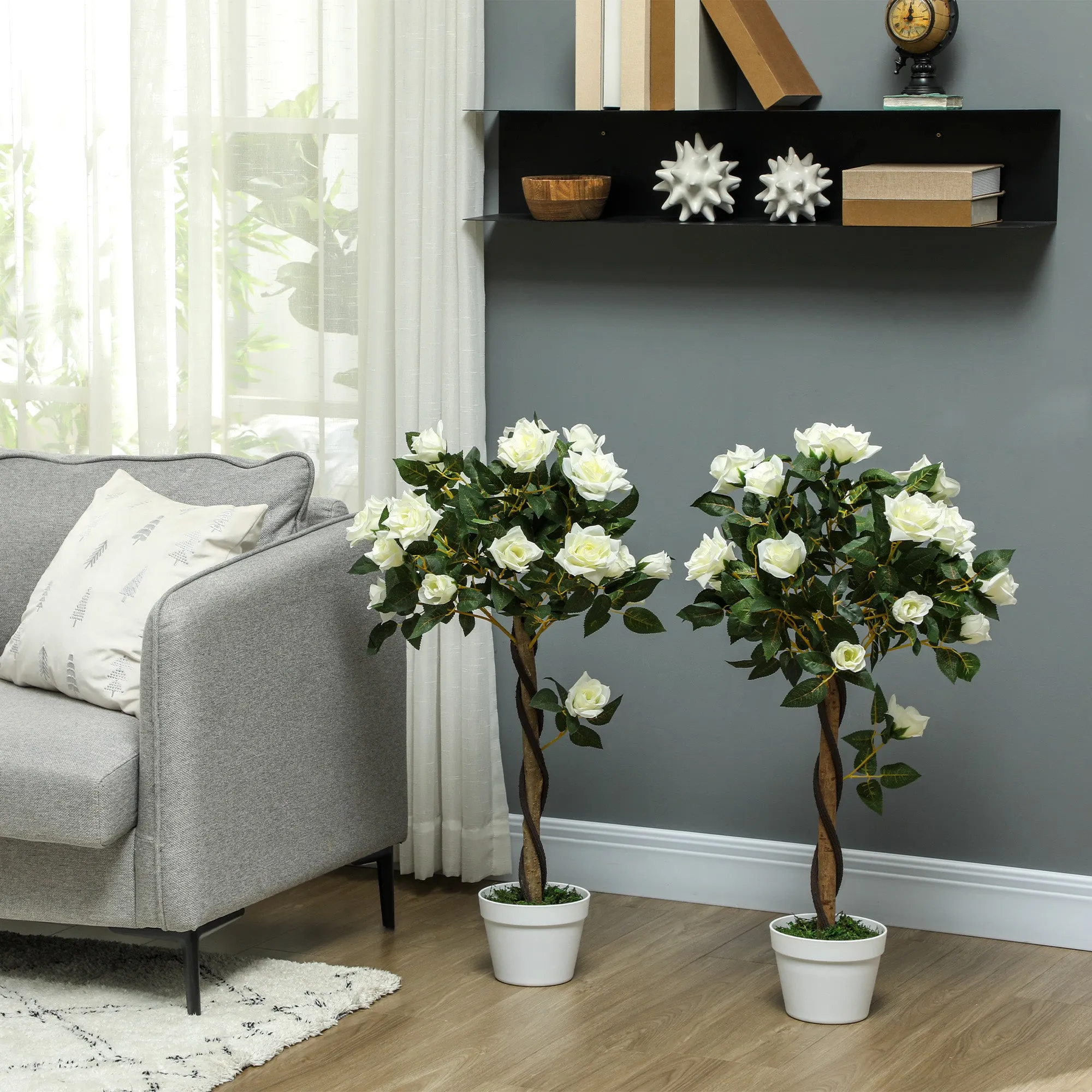 Outsunny 21-Flower Fake Rose Plant with Cement and Moss-Filled Pot, Ø18x90 cm, White - Image 2