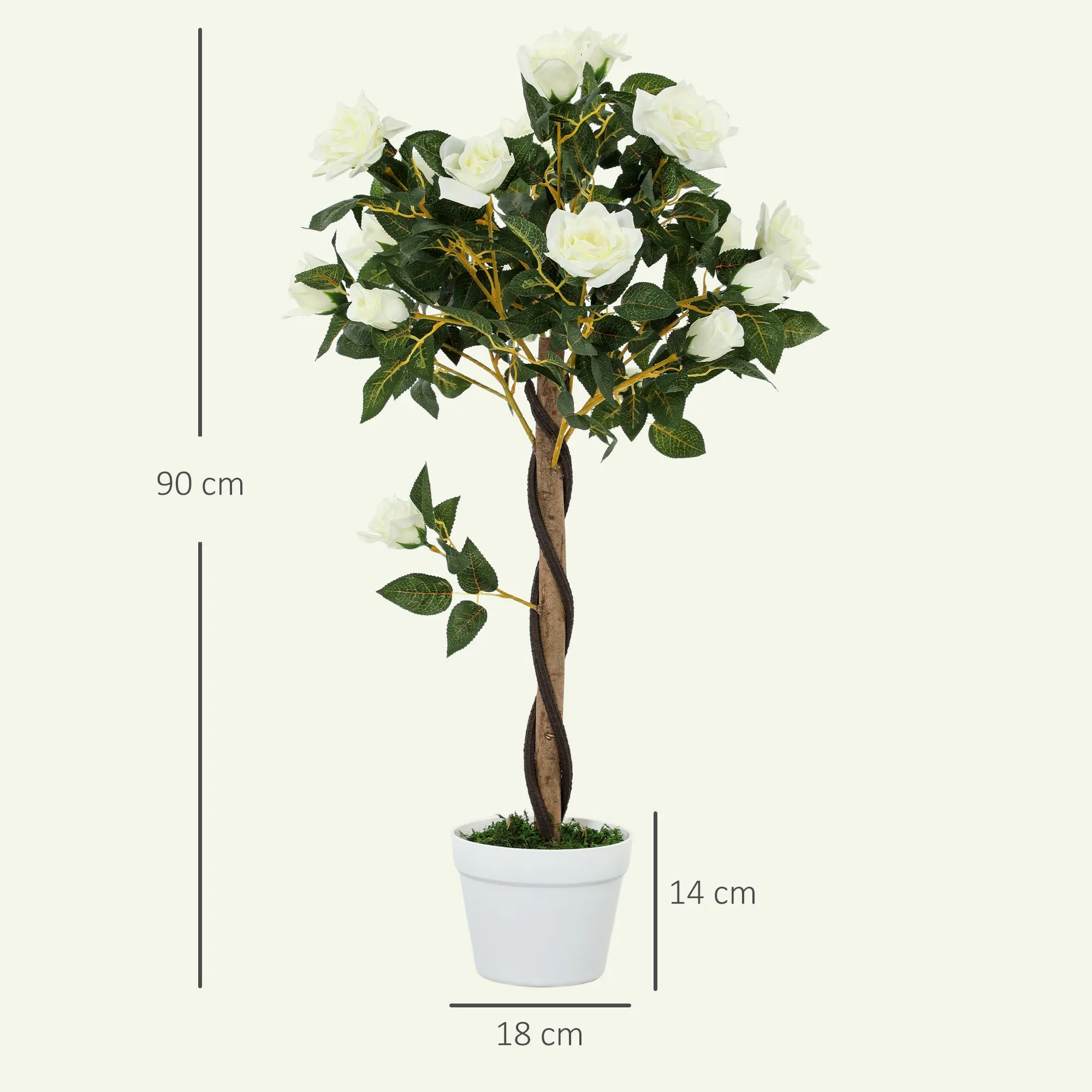 Outsunny 21-Flower Fake Rose Plant with Cement and Moss-Filled Pot, Ø18x90 cm, White - Image 3