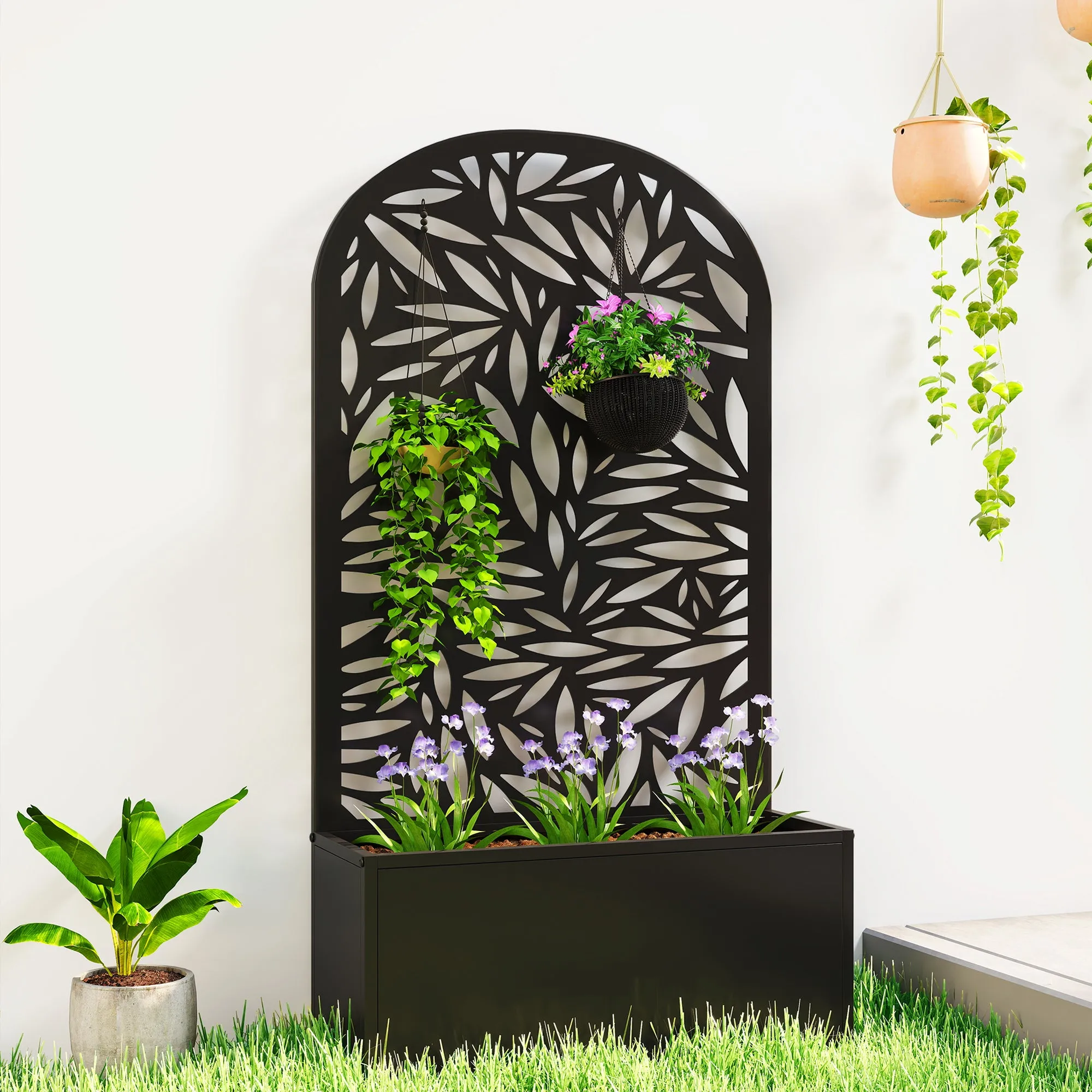 Outsunny Arched Trellis Planter with Drainage Holes, Metal, 61x23x113 cm, Black - Image 2
