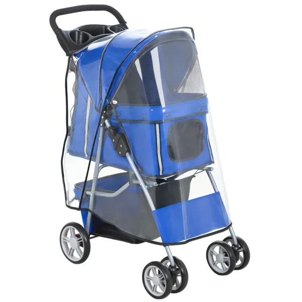 PawHut Folding Dog Stroller with Rain Cover, Swivel Wheels, and Washable Cushion, Blue