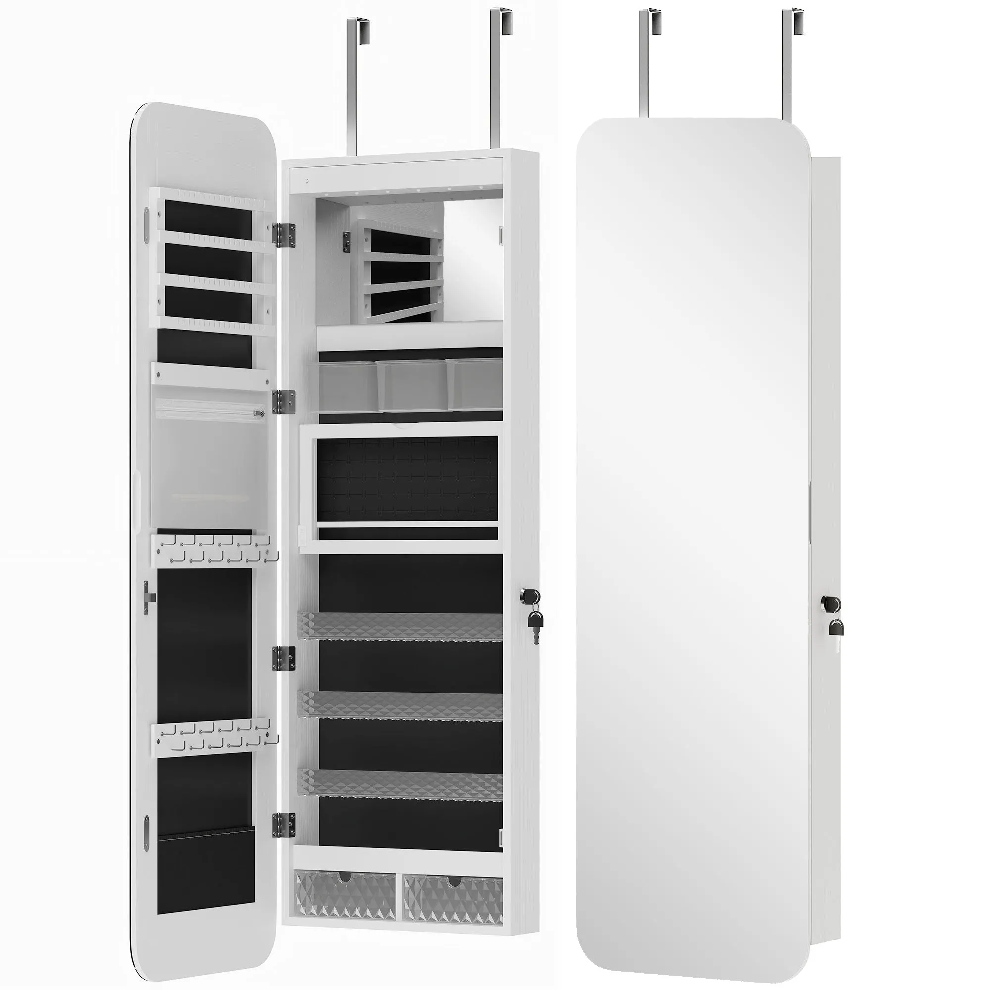 HOMCOM Wall-Mounted and Door-Mounted Jewelry Mirror with Illuminated Interior Mirror and Lock, 37x10x120 cm