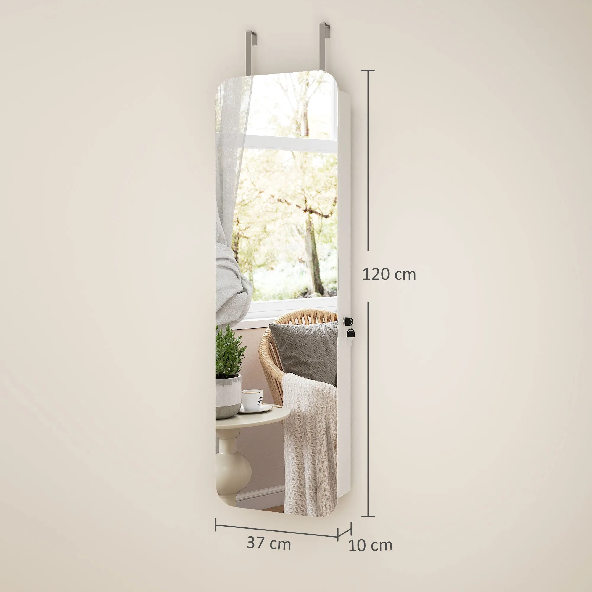 HOMCOM Wall-Mounted and Door-Mounted Jewelry Mirror with Illuminated Interior Mirror and Lock, 37x10x120 cm - Image 3