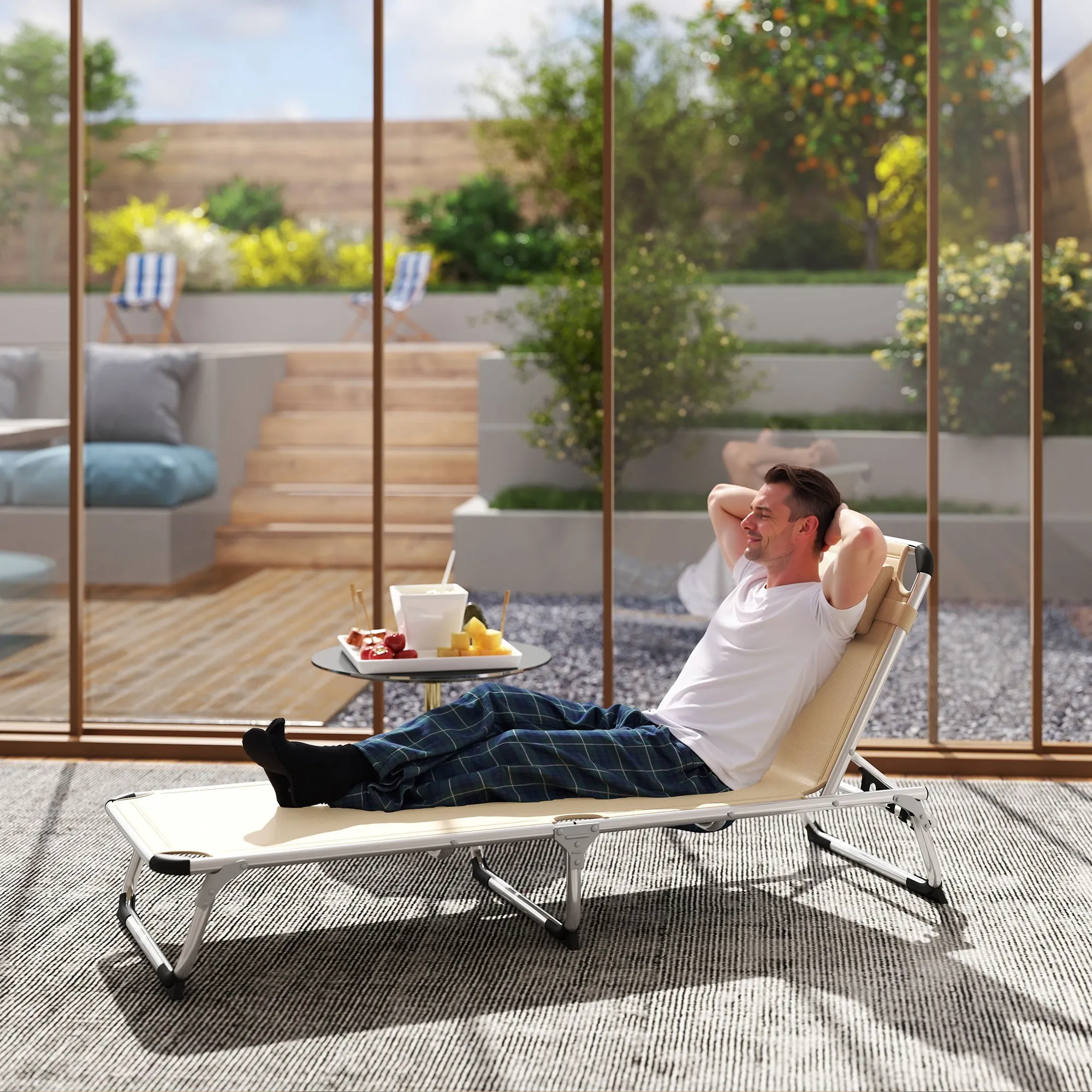 Outsunny Folding Deck Chair with Adjustable Headrest and Backrest in Aluminum, 60x165x76 cm, Beige - Image 2
