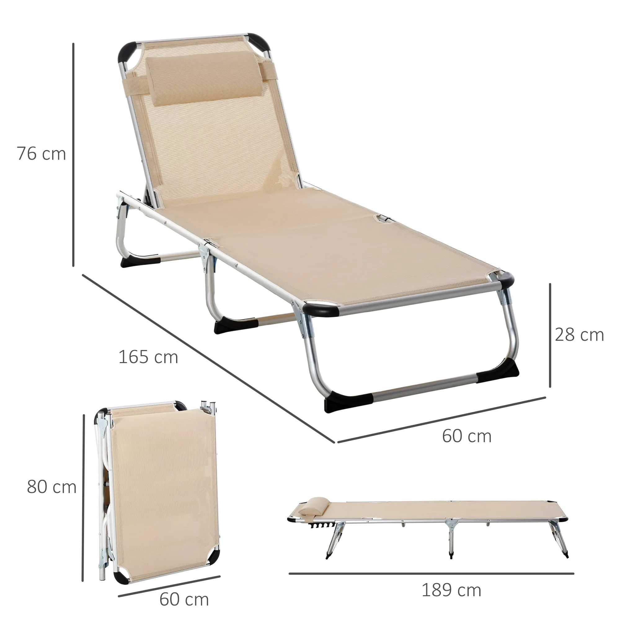 Outsunny Folding Deck Chair with Adjustable Headrest and Backrest in Aluminum, 60x165x76 cm, Beige - Image 3