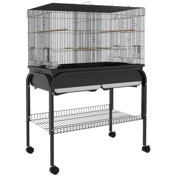 PawHut Indoor Bird Cage with Tray, Shelf and Wheels with Brakes, 85x49x119 cm, Black