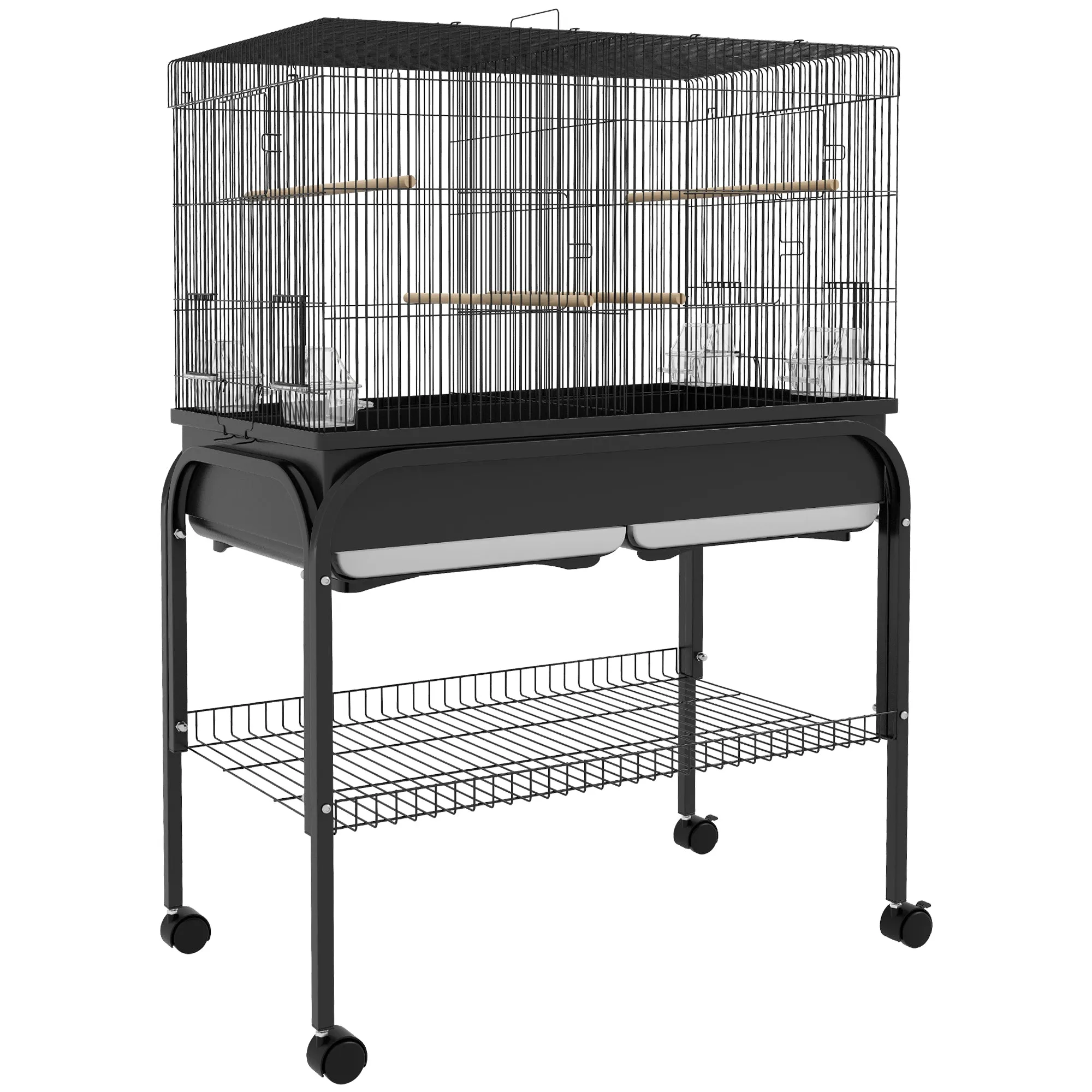 PawHut Indoor Bird Cage with Tray, Shelf and Wheels with Brakes, 85x49x119 cm, Black