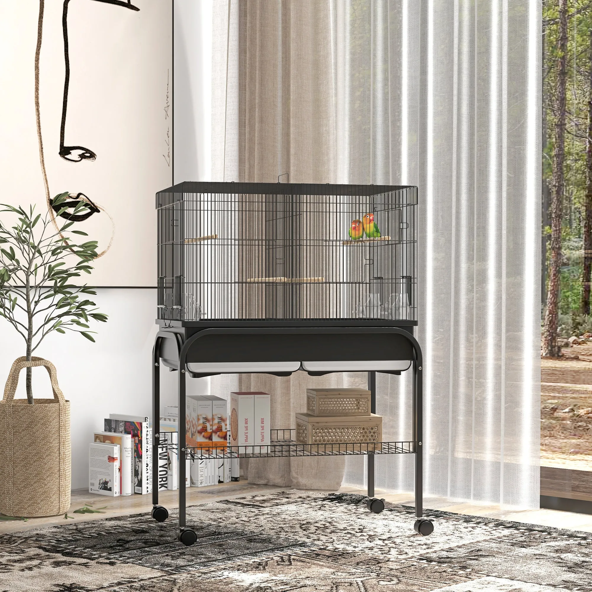 PawHut Indoor Bird Cage with Tray, Shelf and Wheels with Brakes, 85x49x119 cm, Black - Image 2