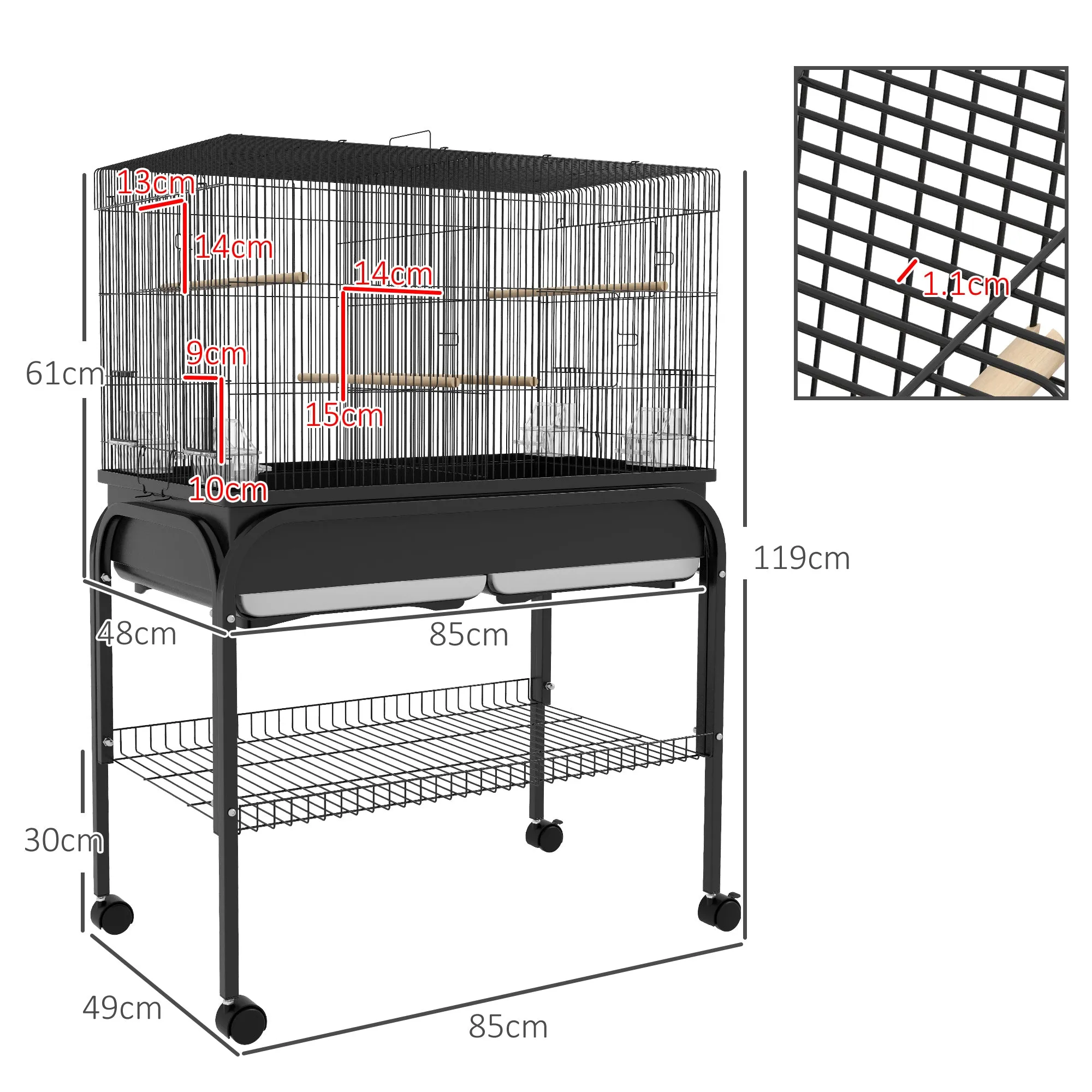 PawHut Indoor Bird Cage with Tray, Shelf and Wheels with Brakes, 85x49x119 cm, Black - Image 3