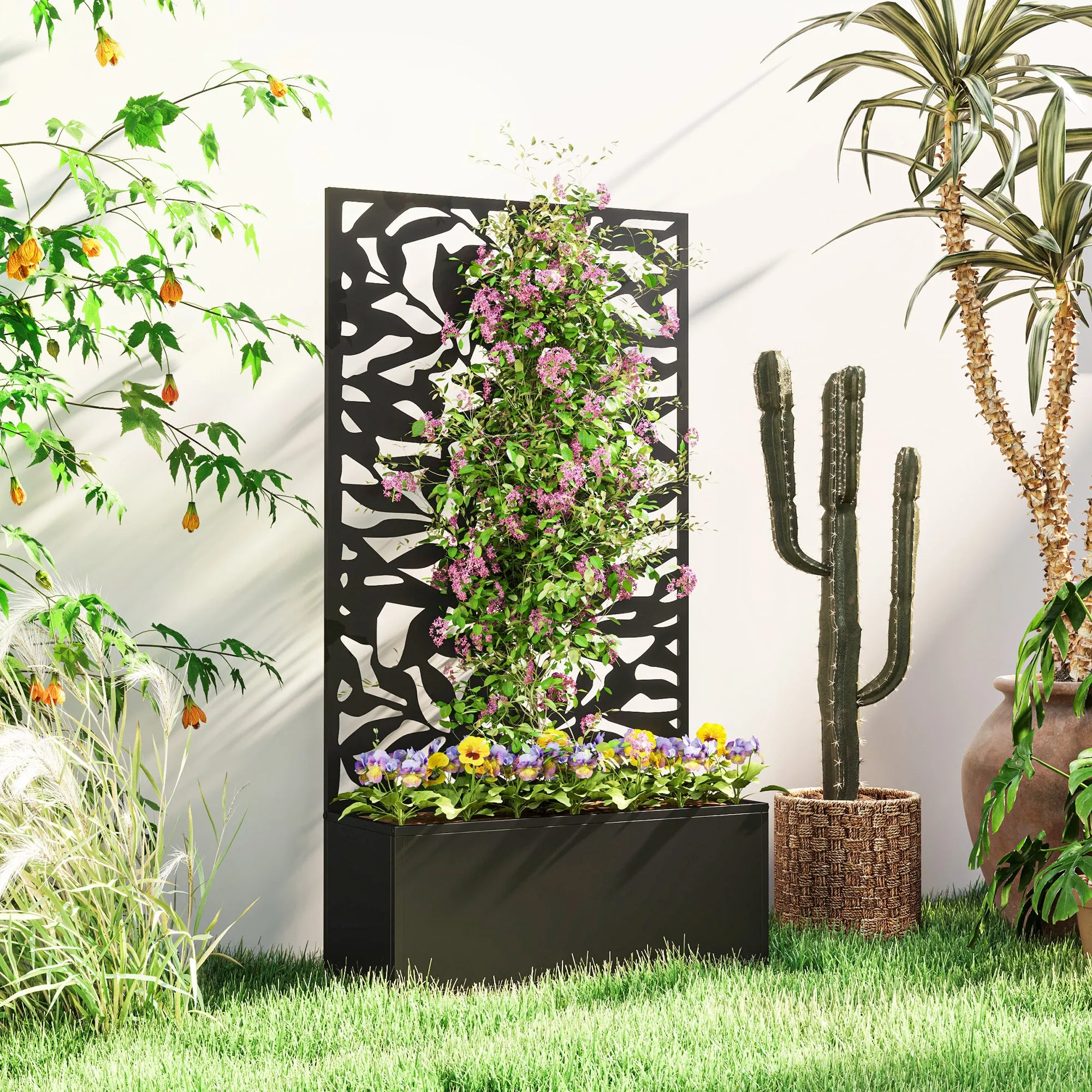 Outsunny Steel Planter with Trellis for Climbing Plants, Wall or Ground Mounting, 61x23x113 cm, Black - Image 2