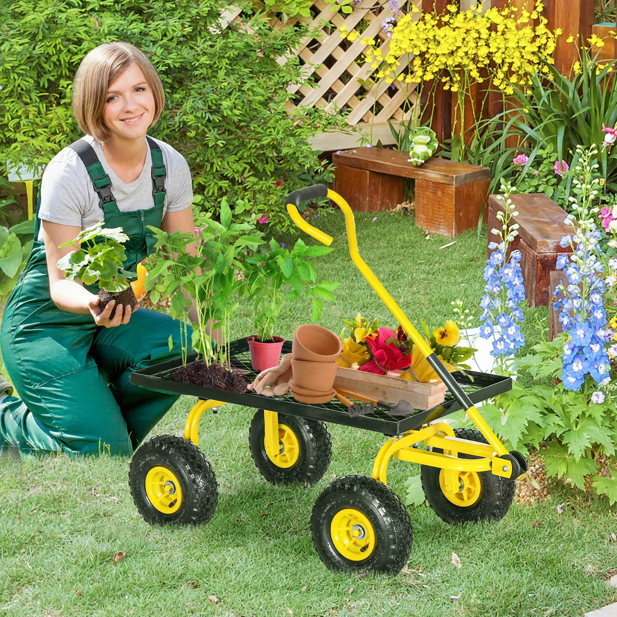 Outsunny Steel Garden Cart with 150 kg Capacity and Coated Handle, 94 x 48.5 x 100 cm, Yellow and Black - Image 2