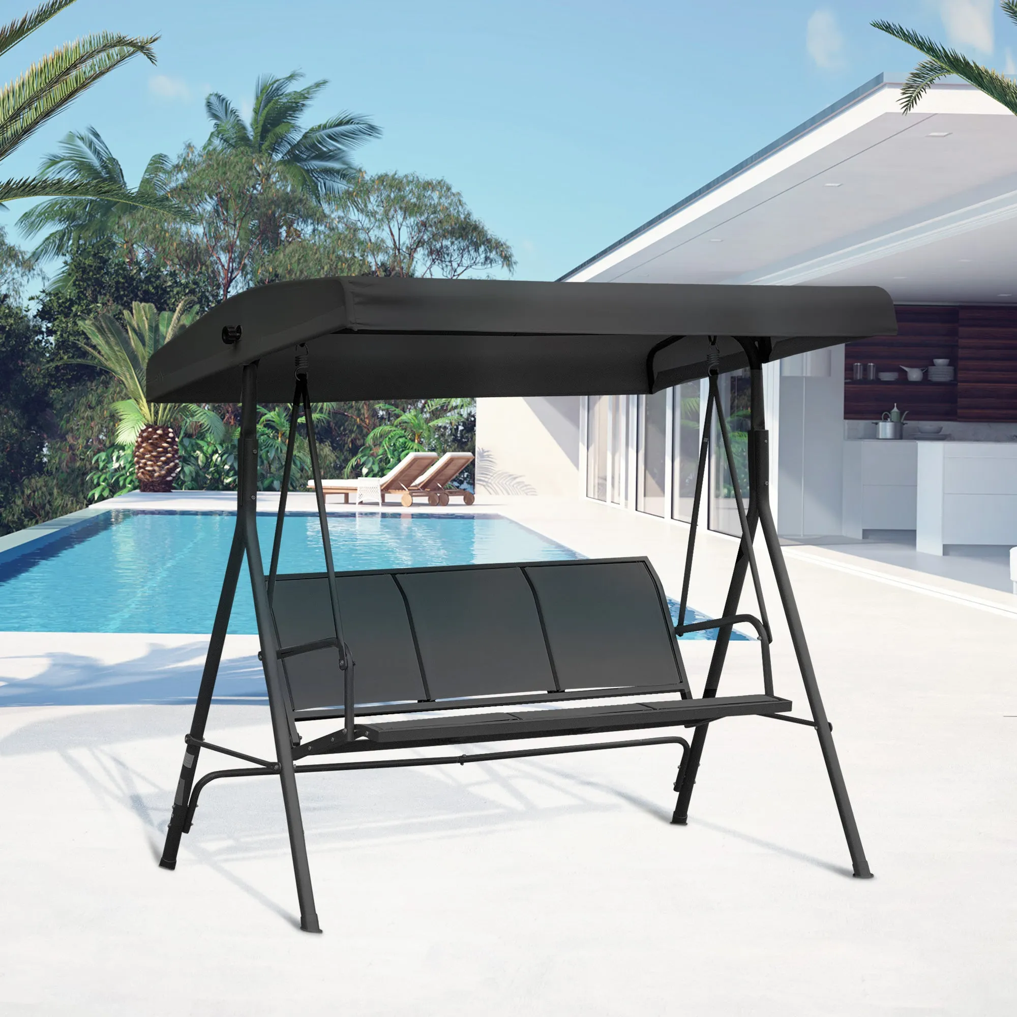 Outsunny 3-Seater Garden Swing with Canopy, Breathable Seat, and Steel Frame, Black - Image 2