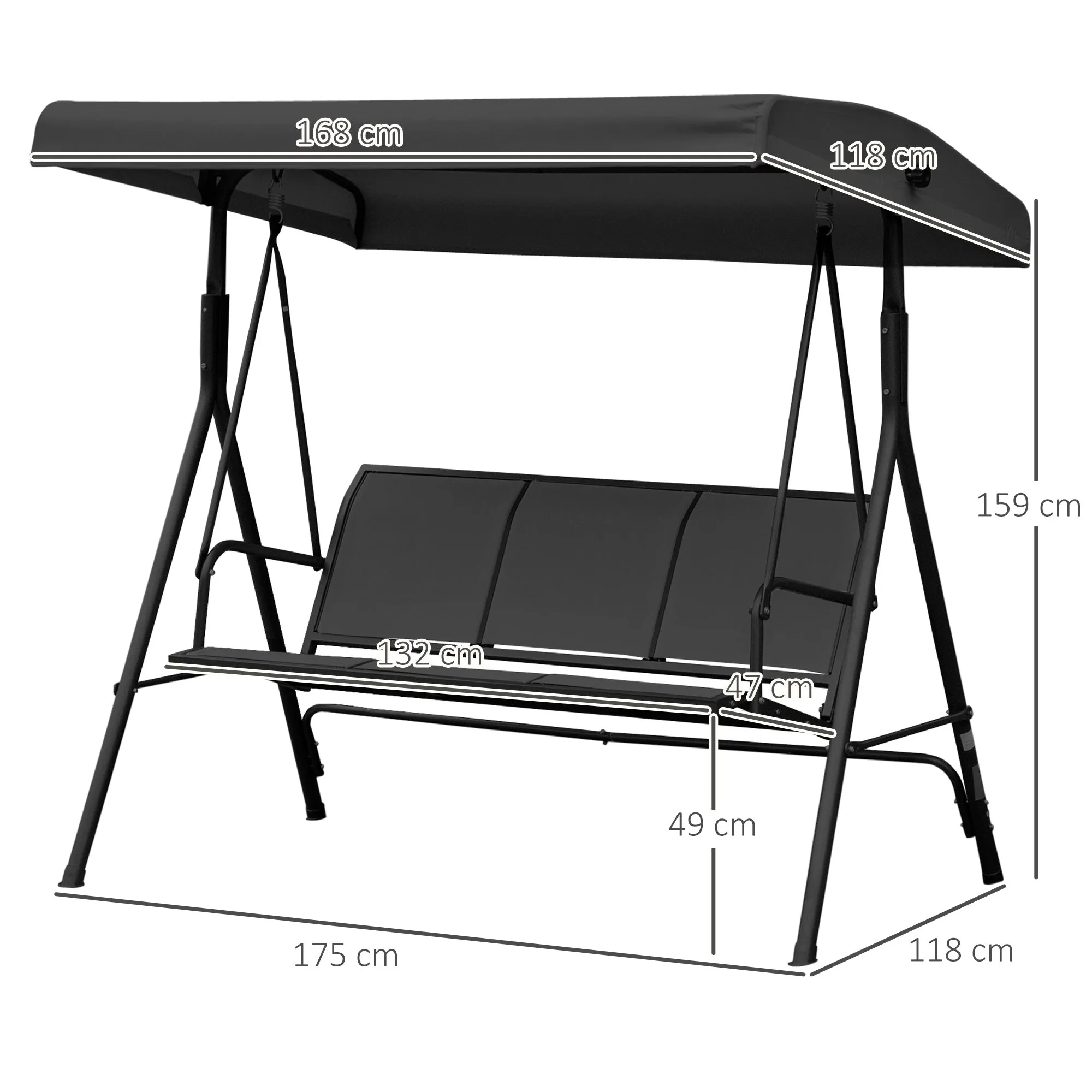 Outsunny 3-Seater Garden Swing with Canopy, Breathable Seat, and Steel Frame, Black - Image 3