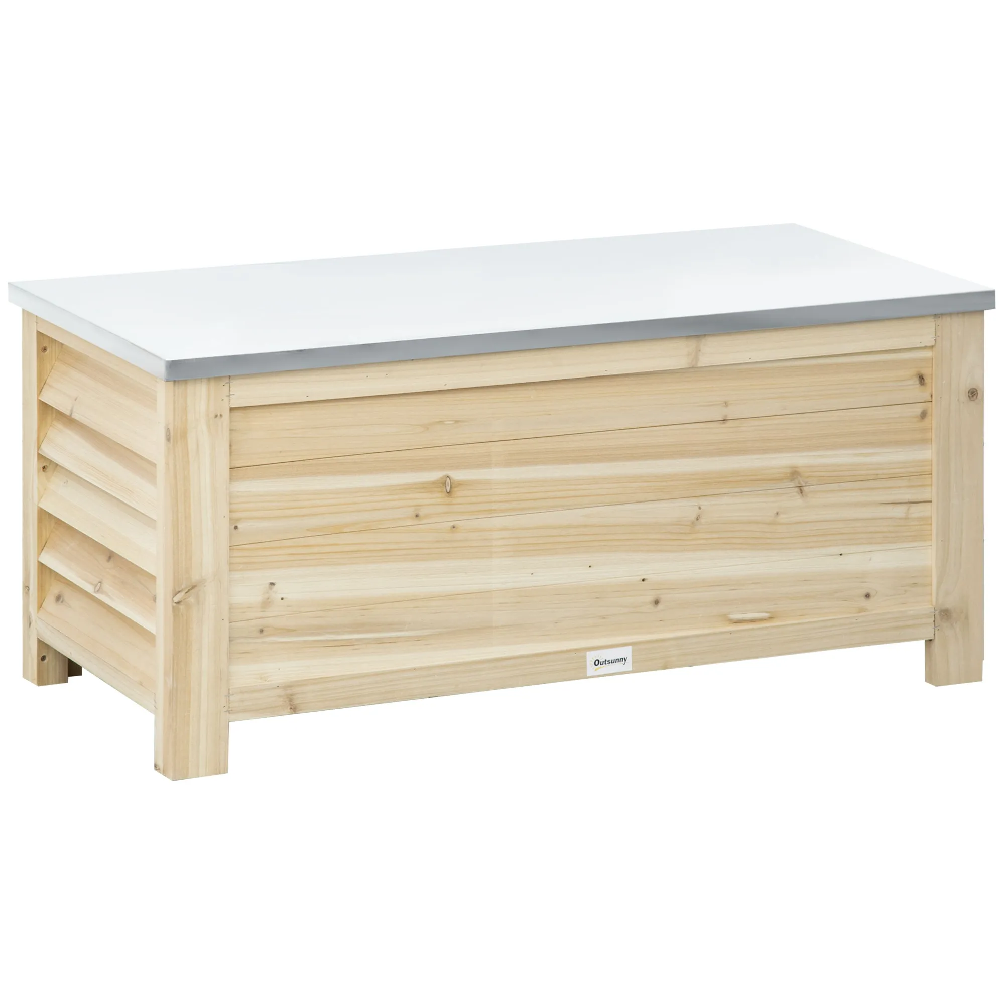 Outsunny 155L Outdoor Wooden Storage Chest with Metal Lid and 2 Shock Absorbers, 110x50x50 cm, Wood Color