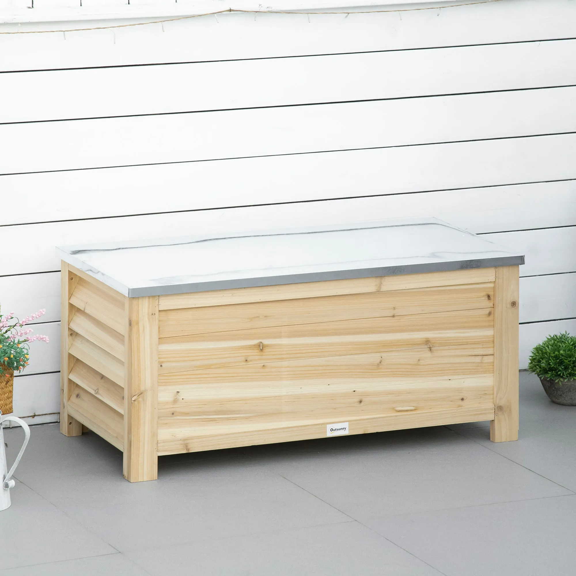 Outsunny 155L Outdoor Wooden Storage Chest with Metal Lid and 2 Shock Absorbers, 110x50x50 cm, Wood Color - Image 2