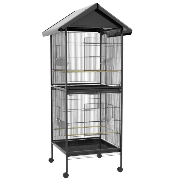 PawHut Wheeled Bird Aviary with Removable Plastic Trays and Perches, Metal, 71.8 x 71.8 x 170.2 cm, Black
