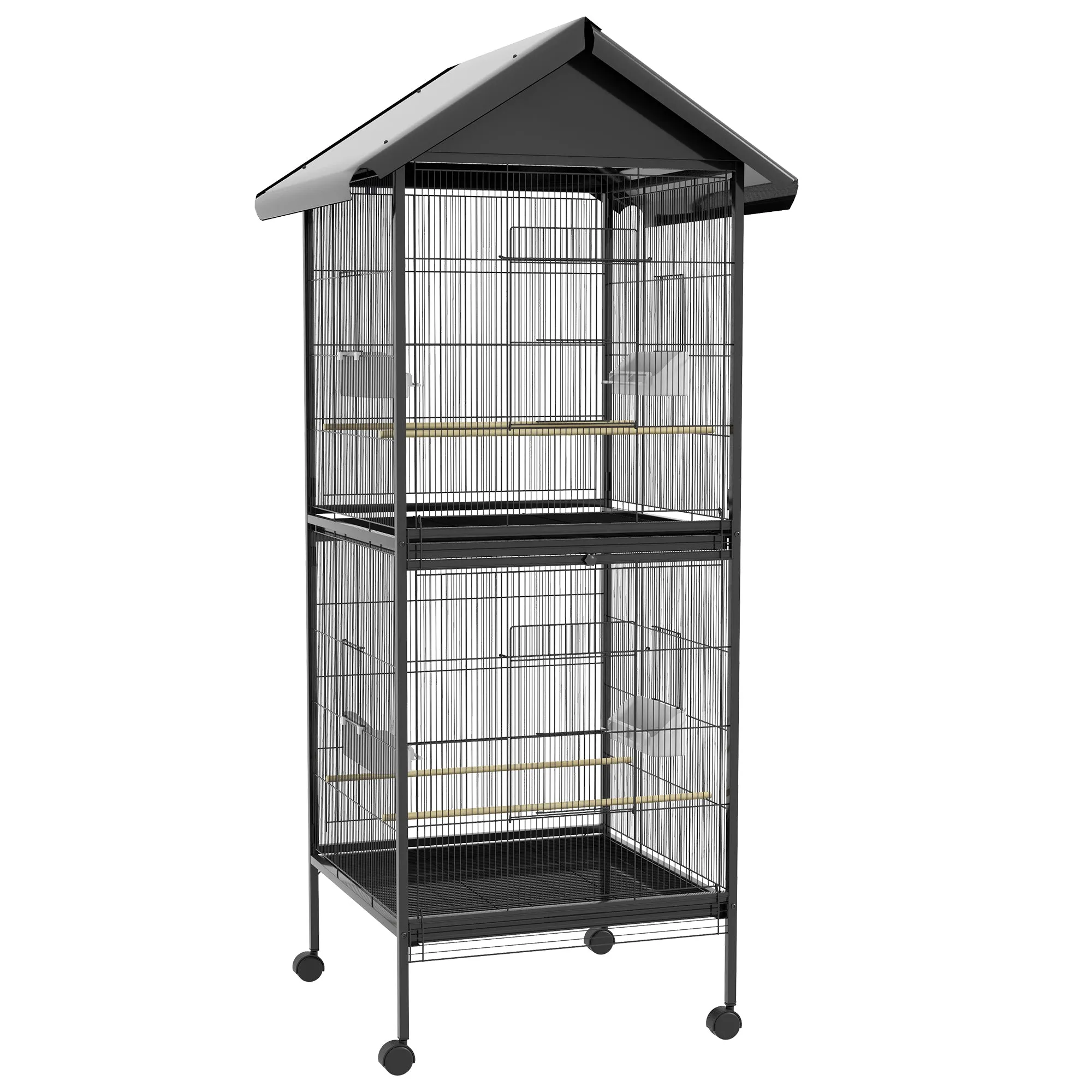 PawHut Wheeled Bird Aviary with Removable Plastic Trays and Perches, Metal, 71.8 x 71.8 x 170.2 cm, Black
