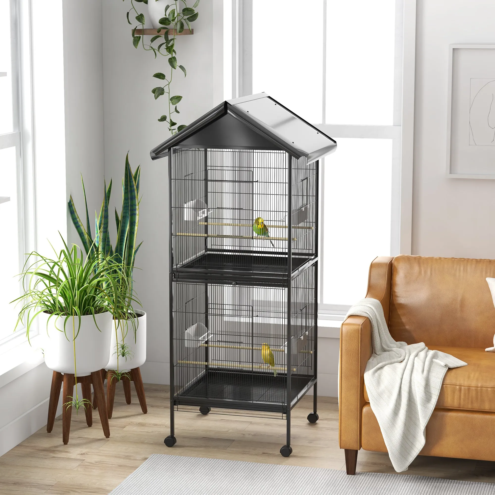 PawHut Wheeled Bird Aviary with Removable Plastic Trays and Perches, Metal, 71.8 x 71.8 x 170.2 cm, Black - Image 2