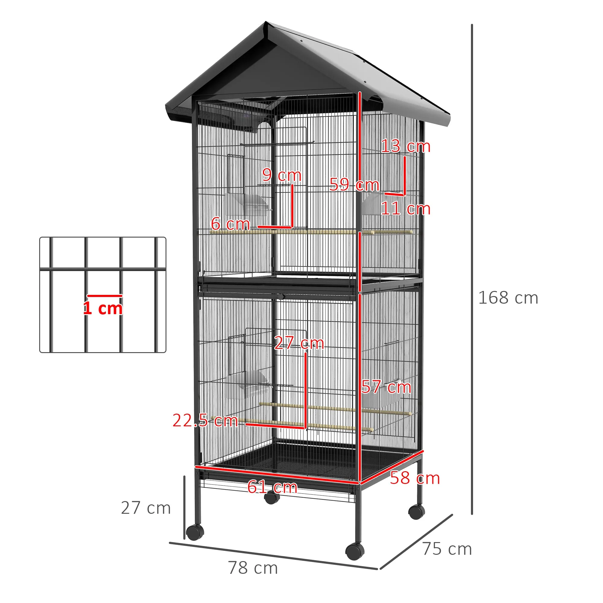 PawHut Wheeled Bird Aviary with Removable Plastic Trays and Perches, Metal, 71.8 x 71.8 x 170.2 cm, Black - Image 3
