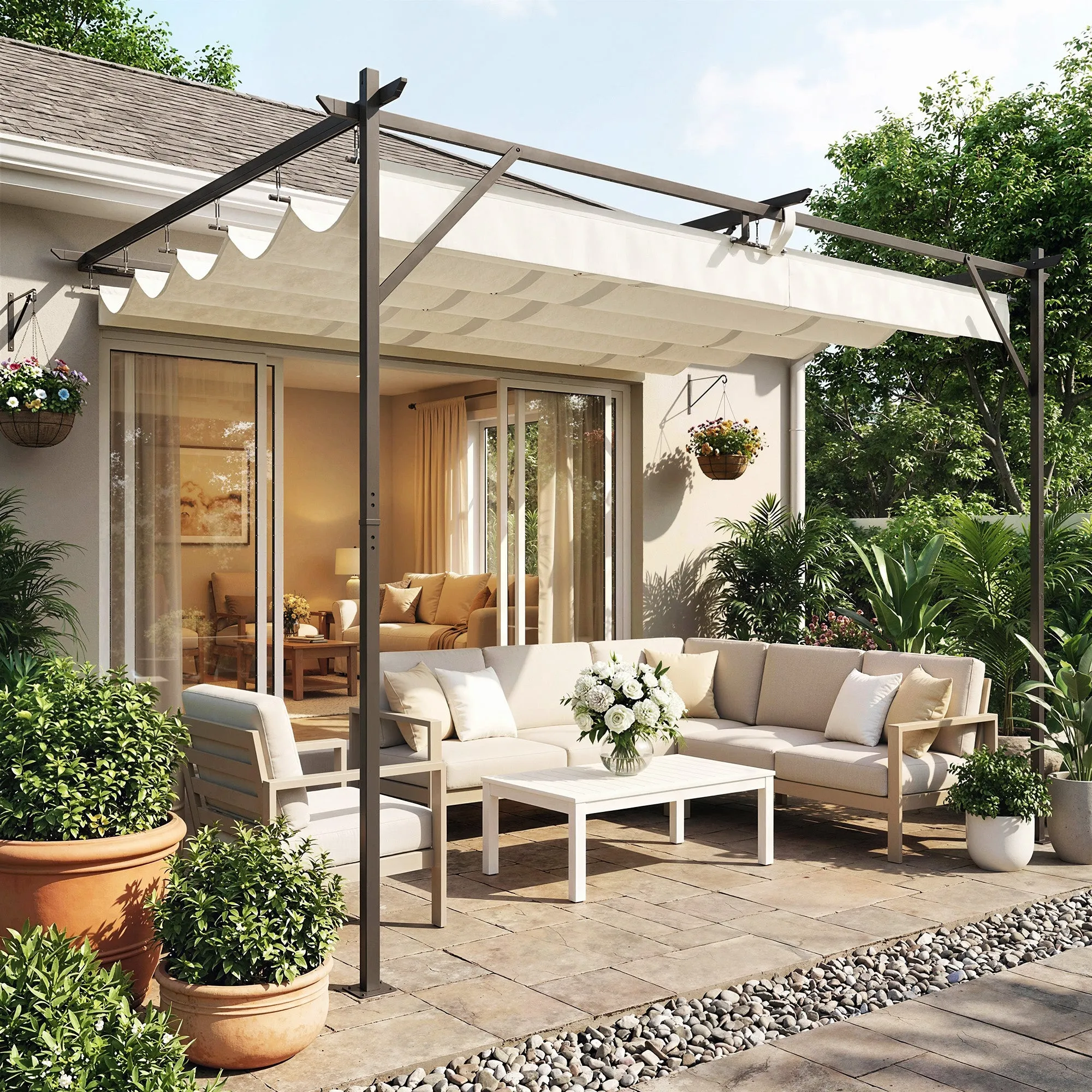 Outsunny Gazebo Pergola 3x4 m with Retractable Sliding Roof and Drainage Holes, Cream White - Image 2
